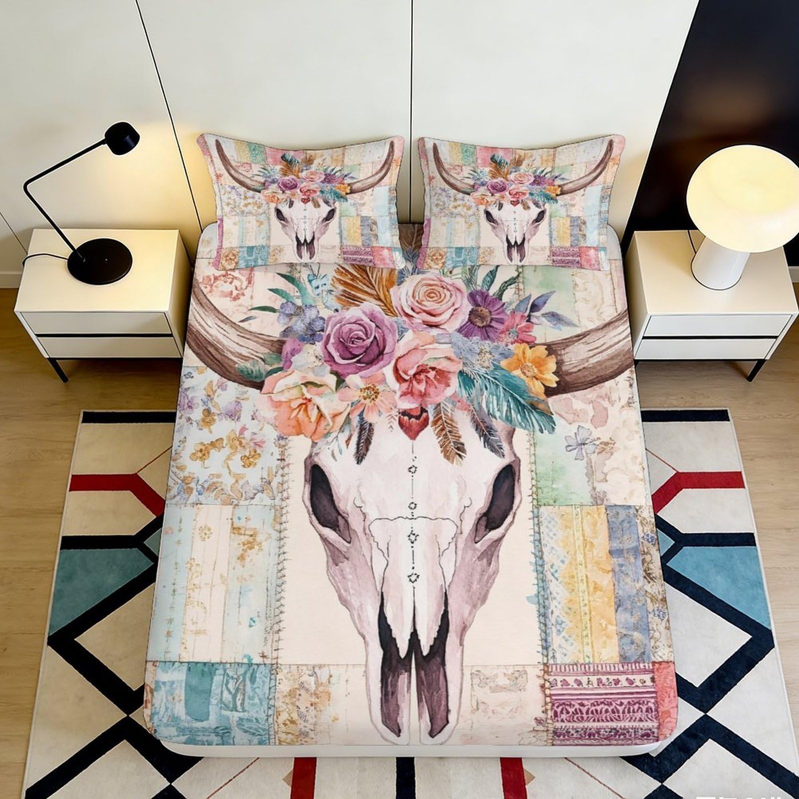 3D Printed Western Floral Deer Fitted Sheet Microfiber Deep Pocket Bedroom Bedding Patchwork Bull Skull Mattress Fitted Cover for Adults 200x200x25cm 90x200x25cm