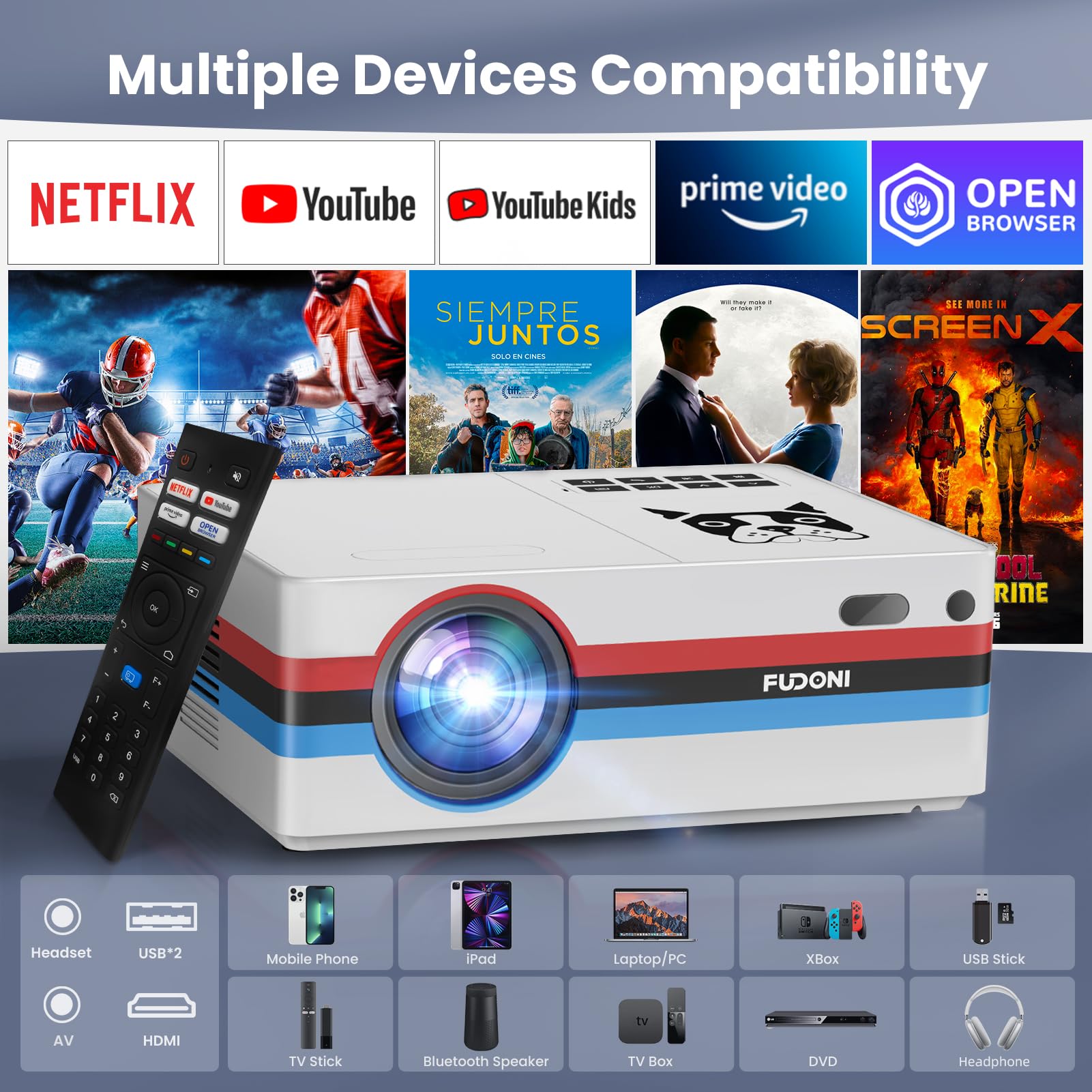 [Netflix Officially/Dolby Audio] FUDONI Smart Projector with WiFi and Bluetooth 4K, Auto Keystone& Electric Focus, 800ANSI Outdoor Projector with Apps, Built-in Netflix/YouTube/Prime Video