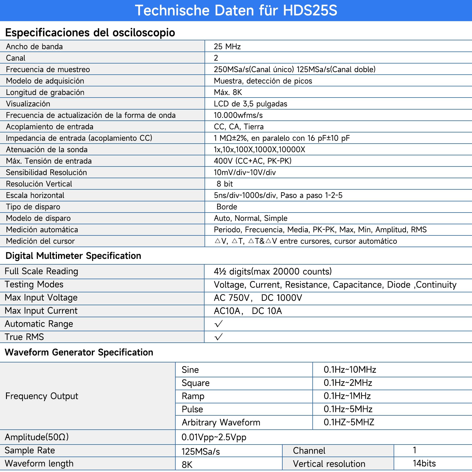 OWON Handoszilloskop, digitales Multifunktions-Oszilloskop-Multimeter, 20000 Zählwerte, tragbares 3-in-1-Universal-Testgerät, mit 3,5-Zoll-LCD-Bildschirmanzeige, 2 Kanäle, 25 MHz Bandbreite, HDS25S