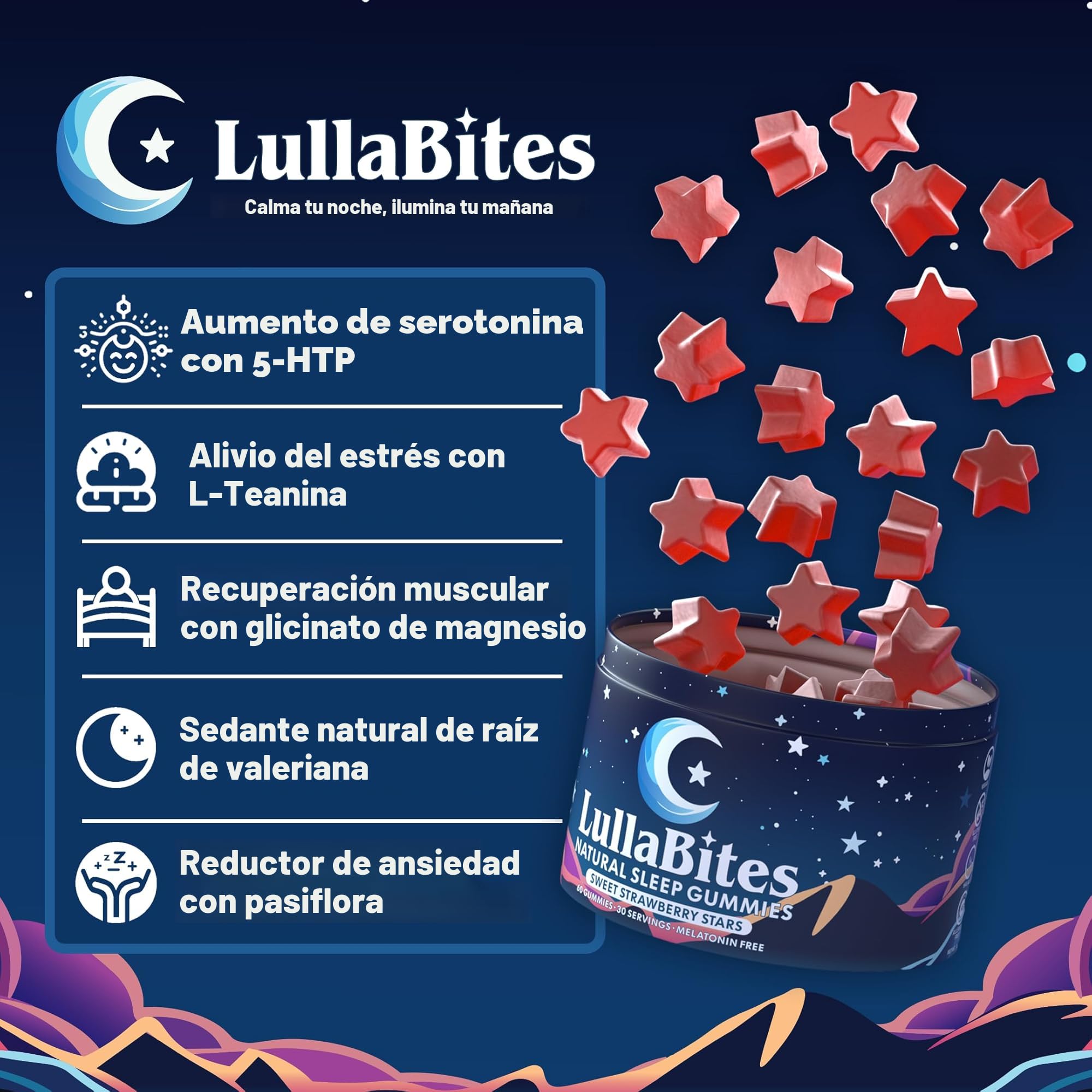 Amazon.com: LullaBites - Gomitas naturales para dormir - Hechas en Estados Unidos - Con 5-HTP, L-teanina, magnesio y raíz de valeriana - Sin melatonina - Vegano - Halal - Sin azúcar, sin