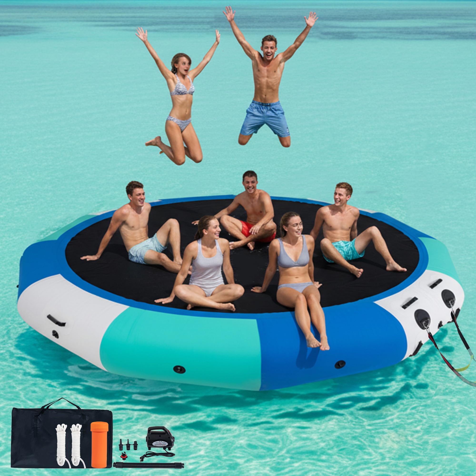 COOLWAVE 12/15FT Inflatable Water Trampoline for Lake Pool, Floating Water Trampoline for Adults
