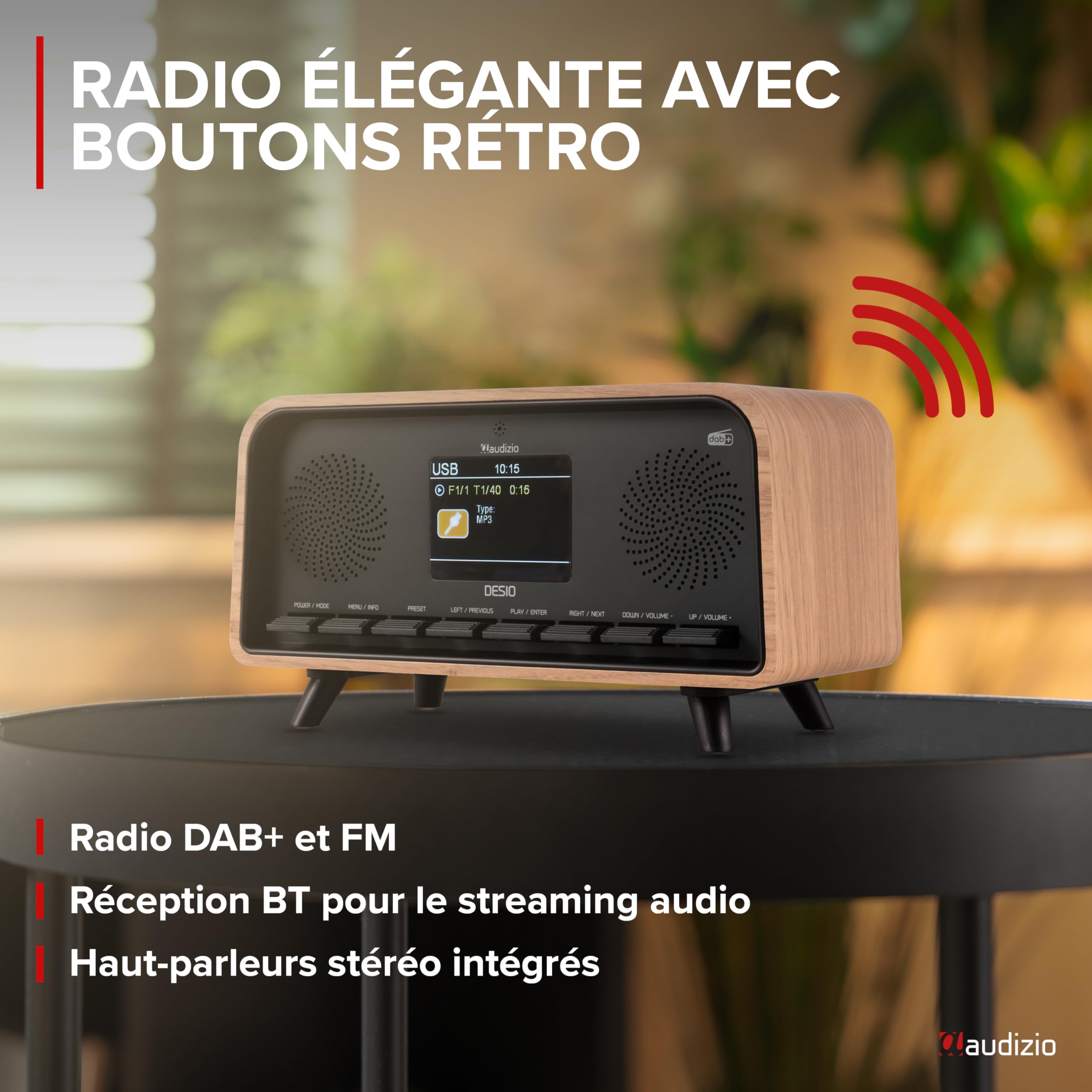 Audizio Desio Radio Dab/Dab+/FM avec BT 5.0, Écran Couleur 2,4", Port USB et Entrée AUX 3,5 mm, Design Rétro Couleur Chêne, Alarme et Minuterie, Idéale pour Salon, Cuisine ou Chambre