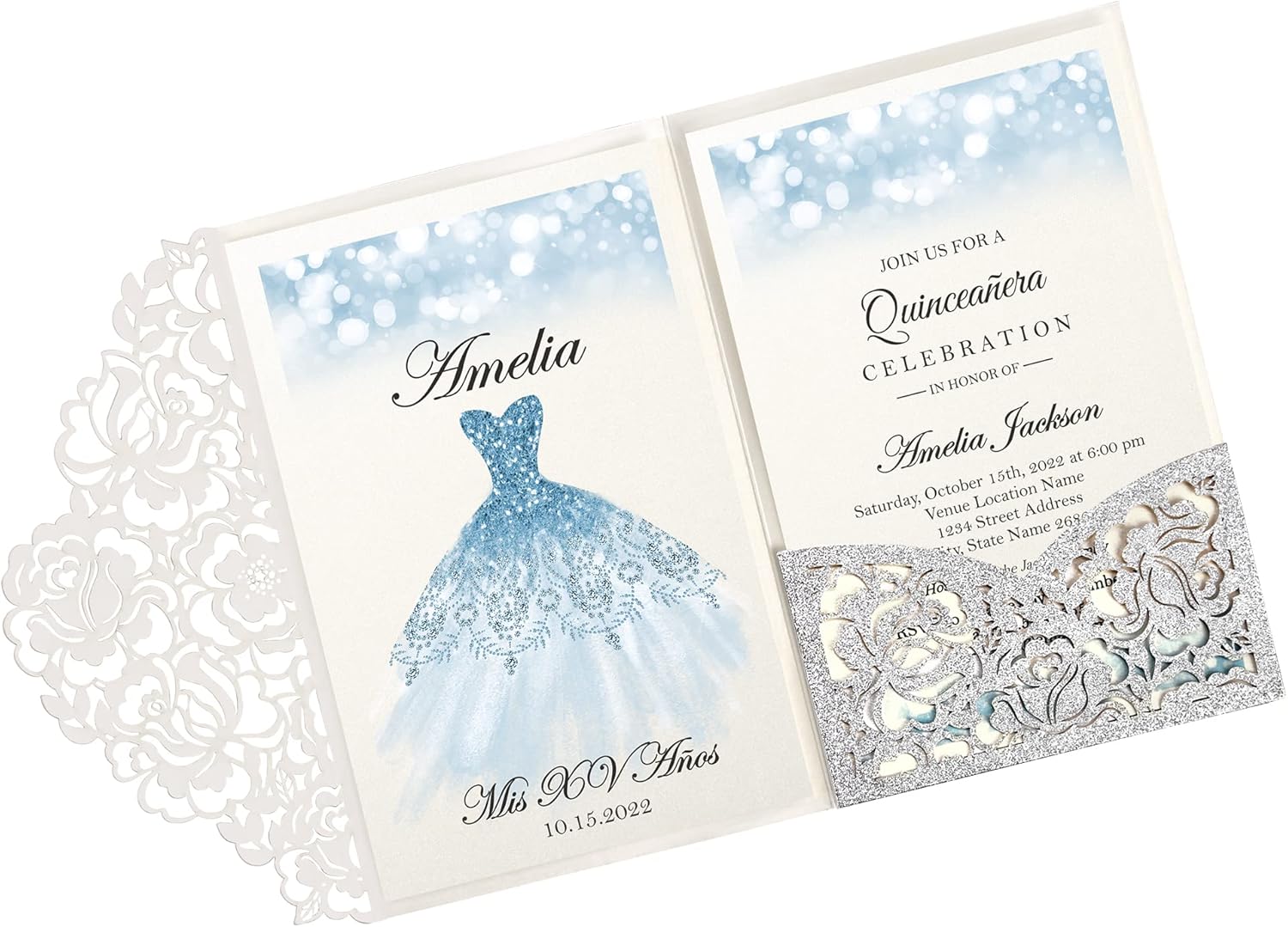 DORIS HOME 50pcs Laser Cut Quinceanera Invitations Silver