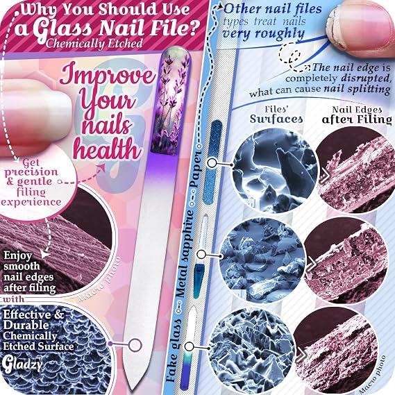 GLADZY 3D Czech Glass Nail File with Case Crystal Nail File for Natural Nails, Double Sided Dual Grit Coarse & Smooth Etched Surface, Comfort 3D Grip Handle, Professional Manicure Tool, Made in EU