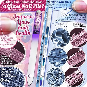 GLADZY 3D Czech Glass Nail File with Case Crystal Nail File for Natural Nails, Double Sided Dual Grit Coarse & Smooth Etched Surface, Comfort 3D Grip Handle, Professional Manicure Tool, Made in EU