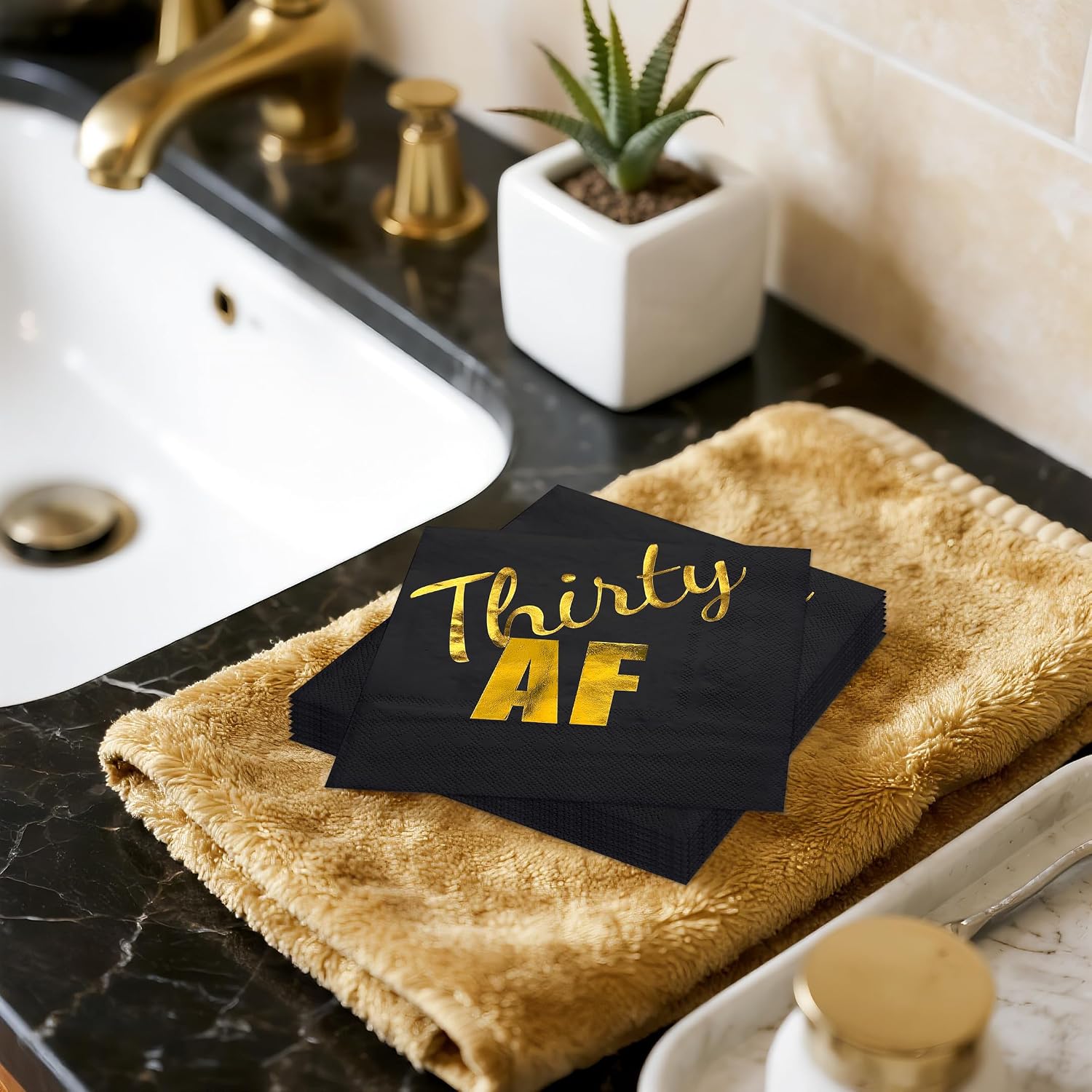 WRAPAHOLIC 25Pcs 30th Birthday Cocktail Napkins - 3-Ply Black Gold Foil Thirty AF Lettering Disposable Paper Napkins for Birthday Party Tableware Party Supplies - 5 x 5 In