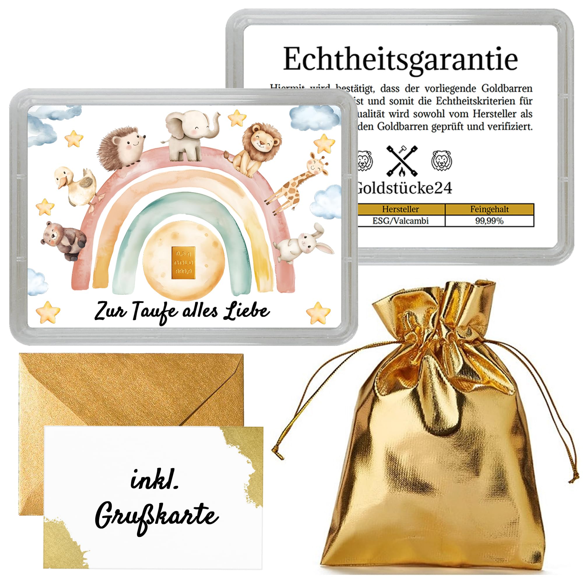 Motivbox zur Taufe mit 0,5g Goldbarren – „Zur Taufe alles Liebe“ – niedliche Tiermotive – Echtheitsgarantie von Goldstücke24 – Geschenkidee für Taufe mit goldener Grußkarte & Geschenkbeutel