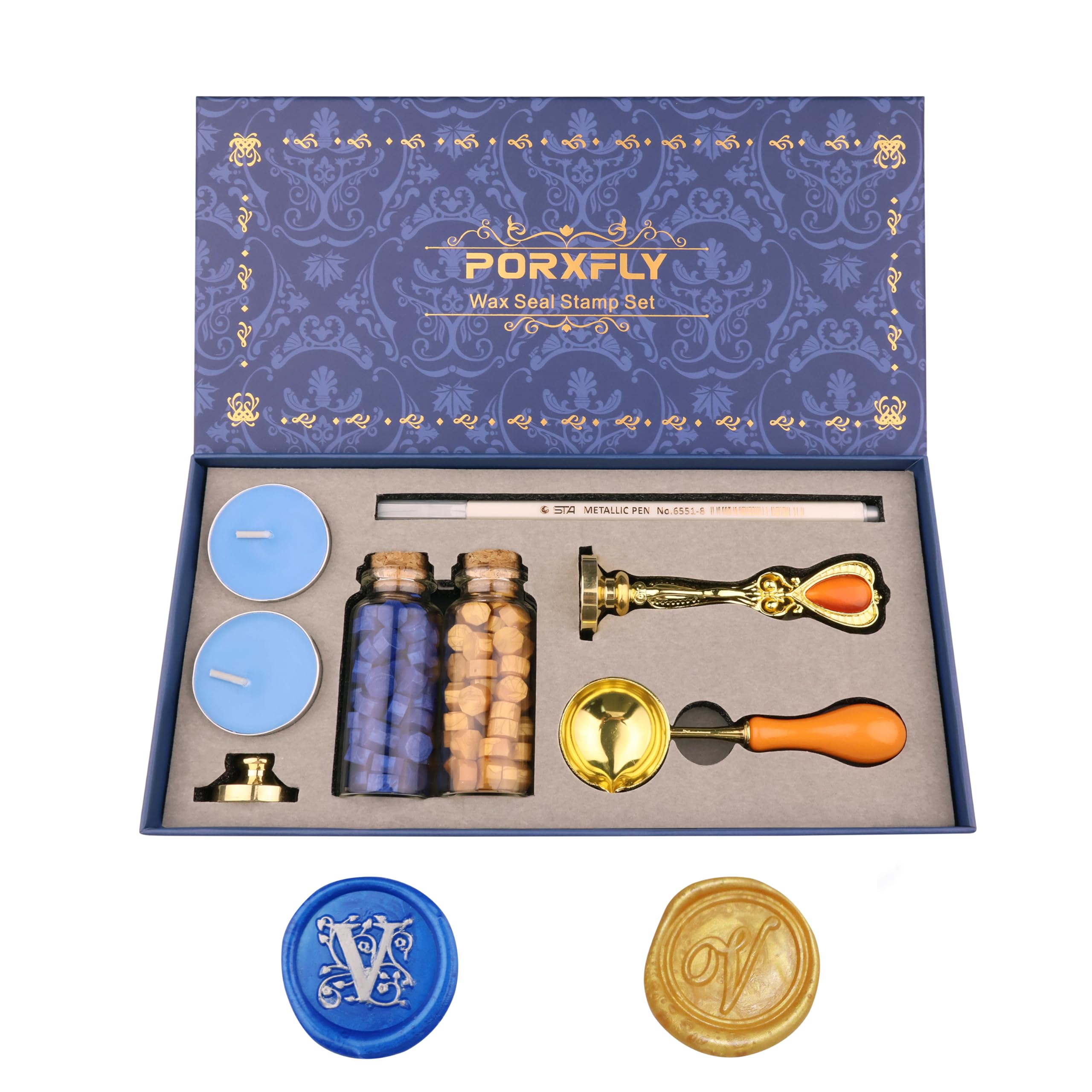 PORXFLY 2 Pieces Letter V Wax Seal Stamp Set,Initial Alphabet Wax Seal Stamp Kit Vintage Gift Box