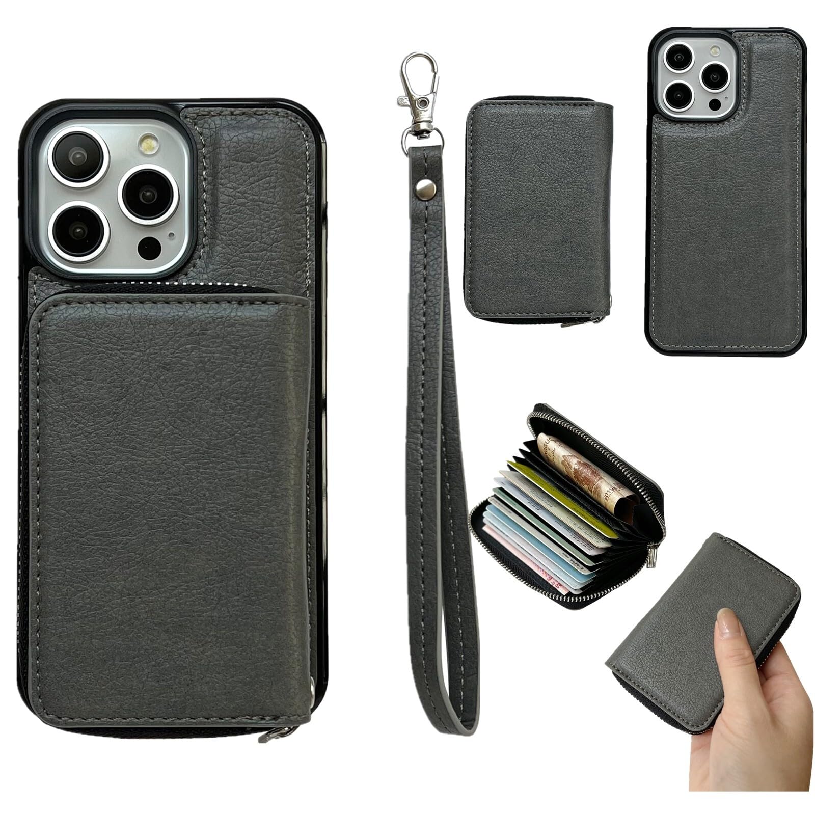 Coque iPhone 15 Pro Max portefeuille cuir gris avec fermeture éclair