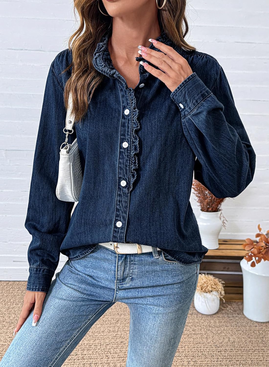 Sidefeel Womens Denim Shirt Button Down Long Sleeve Ruffled Edge Jean Blouses Tops - Image 5