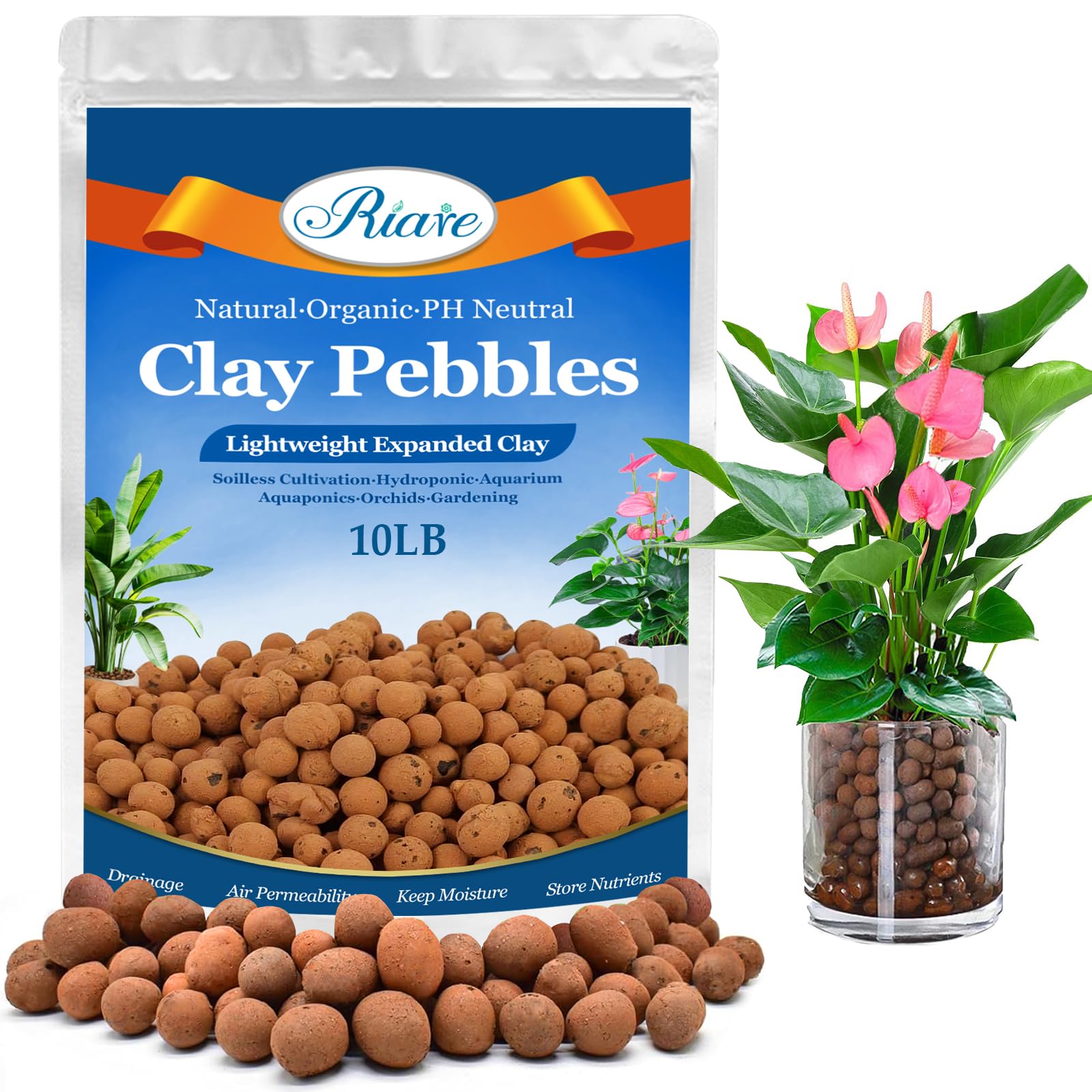Riare Guijarros de arcilla leca orgánica de 10 libras para plantas, bolas de arcilla natural de Leca de 4 mm a 16 mm, guijarros de arcilla hidropónica ligeros para plantas de interior, cultivo
