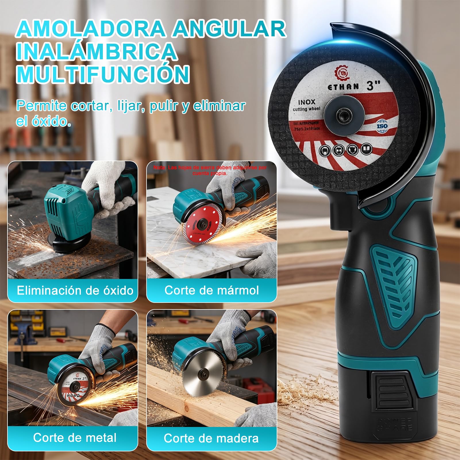 Mini Amoladora Angular BateríA, 22000rpm 18V 76mm Mini Radial PequeñA De BateríA Amoladora Inalambrica Con 2 BateríAs 1300mah Y 7 Discos Para Metal, Madera, Azulejos Pulir, Lijar, Cortar