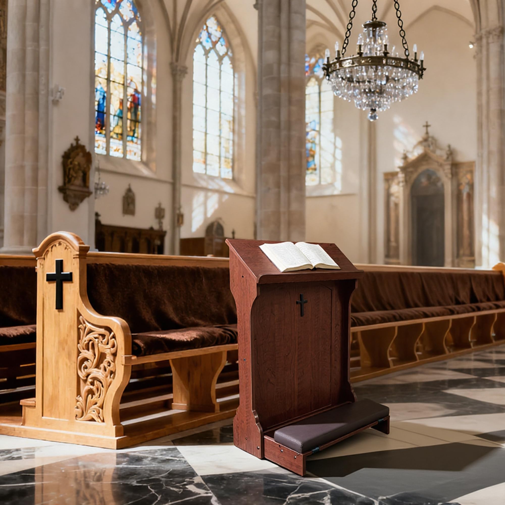 Banc de prière avec Coussin, Prie-Dieu en Bois pour la Maison,Chaise de prière Pliante pour s'agenouiller à l'église - Cadeaux Religieux pour Le culte et la méditation