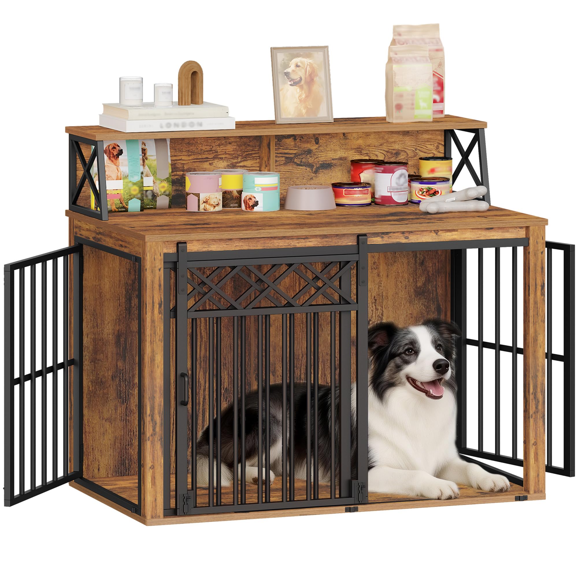 Hzuaneri Jaula para Perros, Muebles, jaulas de Tres Puertas con Estante, Jaula para Perros de Interior con Puerta de Granero, aptas para Razas Medianas y Grandes, 100 x 60 x 86 cm, Vintage DFC87401B