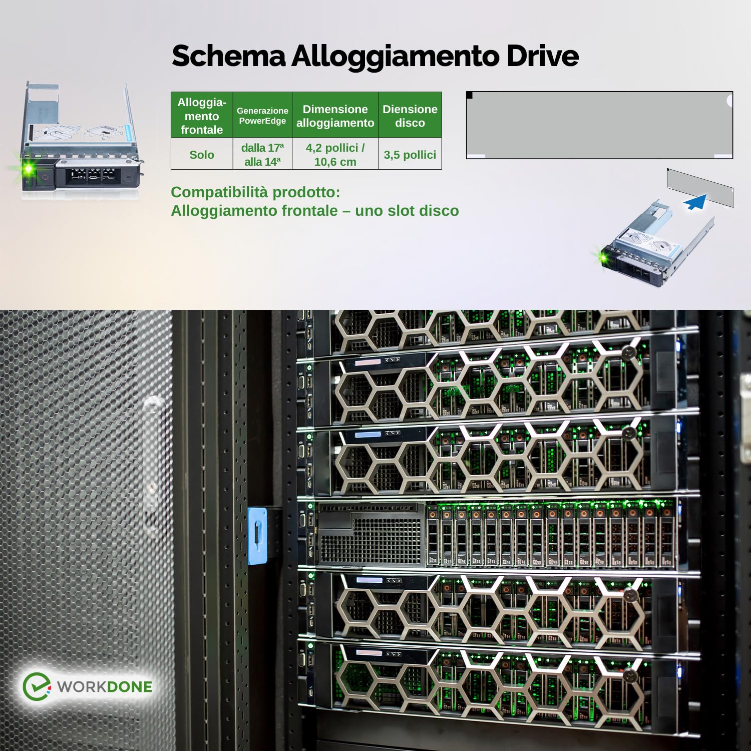 WORKDONE Confez. 6 - Caddy Disco Rigido 3,5" con Adattatore HDD 2,5" - Compatibile con Server Dell PowerEdge 14-15 Generazione Selezionati - Manuale - Etichette Adesive - Cacciavite - Viti Robuste