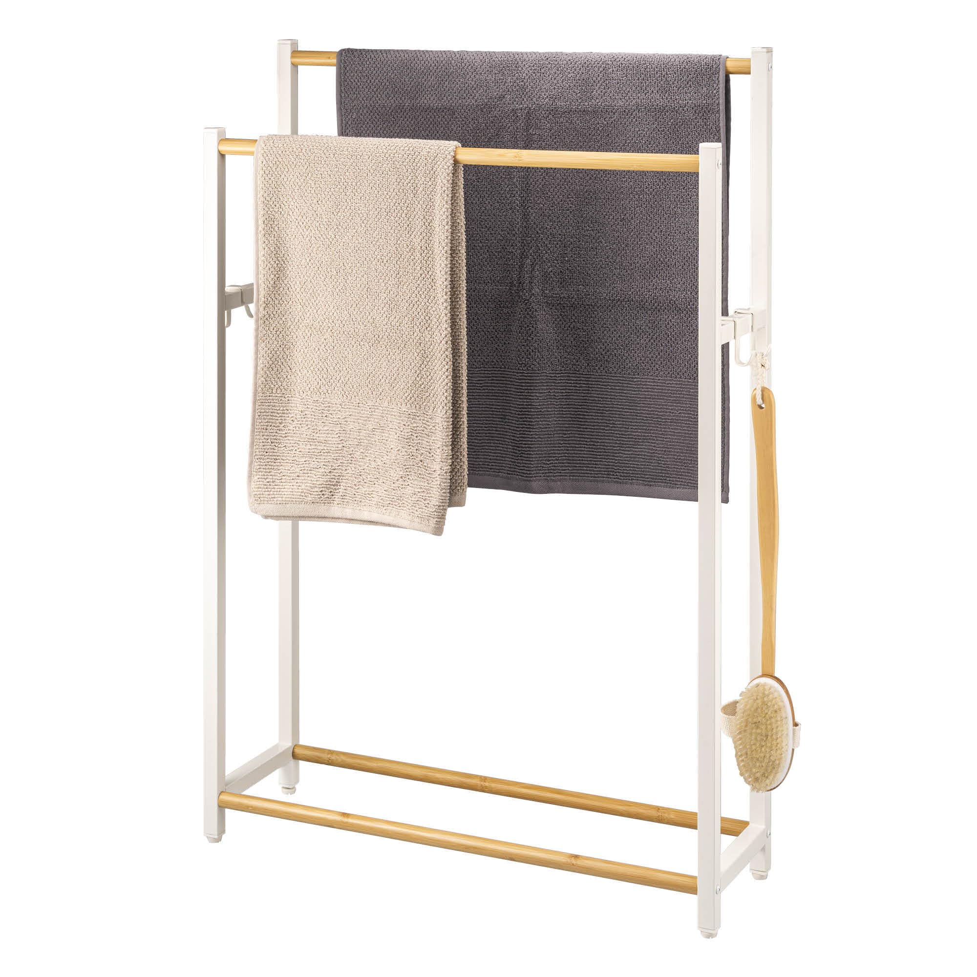 eluno Porte-Serviettes sur Pied en métal avec Bambou, Extra Large, pour Grandes Serviettes de Douche, Porte-Serviettes de Bain, avec 2 Barres Porte-Serviettes et 4 Crochets (Blanc)