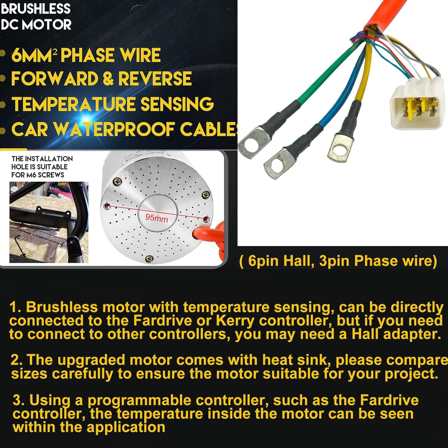 72V 3000W Brushless Motor 6300RPM Electric Go Kart Motor with Temperature Sensing Electric DC Motor for Electric Scooter