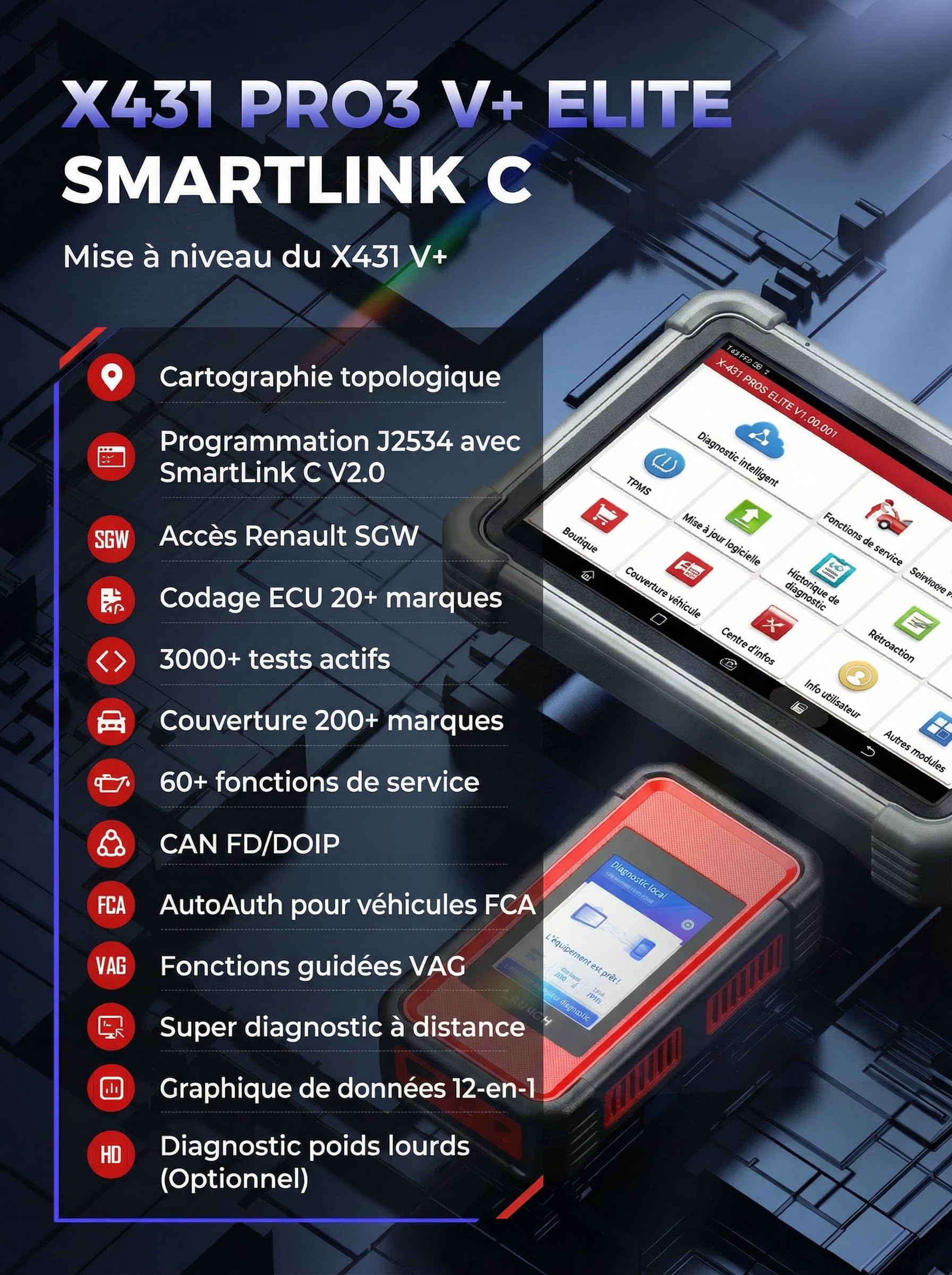 Launch X431 PRO3 V+ Elite Valise Diagnostic Auto, J2534 Programmation, Codage en Ligne de l'ECU, Bi-directionnel Topologie, 60+ d'entretien, Diagnostic à Distance Intelligent, CANFD/DOIP/FCA SGW