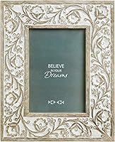 NIKKYHOME Hand-Carved Boho 5x7 Picture Frame - Rustic Mango Wood Floral Design with White Distressed Finish, Tabletop Display