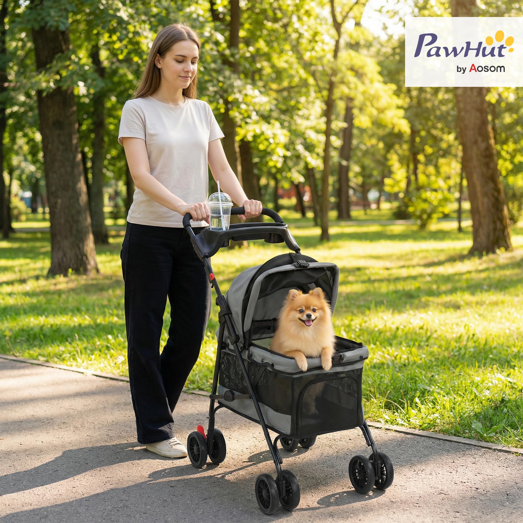 PawHut Poussette pour Chien avec 4 Roues EVA, Chariot Pliable avec Fenêtres en Maille, Frein, Laisses de Sécurité, Coussin Amovible, Plateau de Rangement, Porte-Gobelet, pour Petits Chiens, Gris