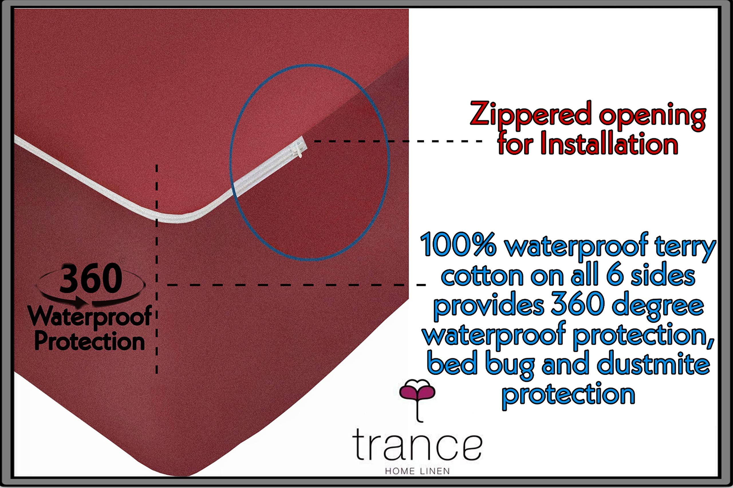 Trance Home Linen All Six Side 100% Waterproof Cotton Terry Zippered Chain Mattress Protector | 360° Bed Bug Protection - Dust Mite Proof - Waterproof Bed Protector (75x48x6 inch, Maroon) 1