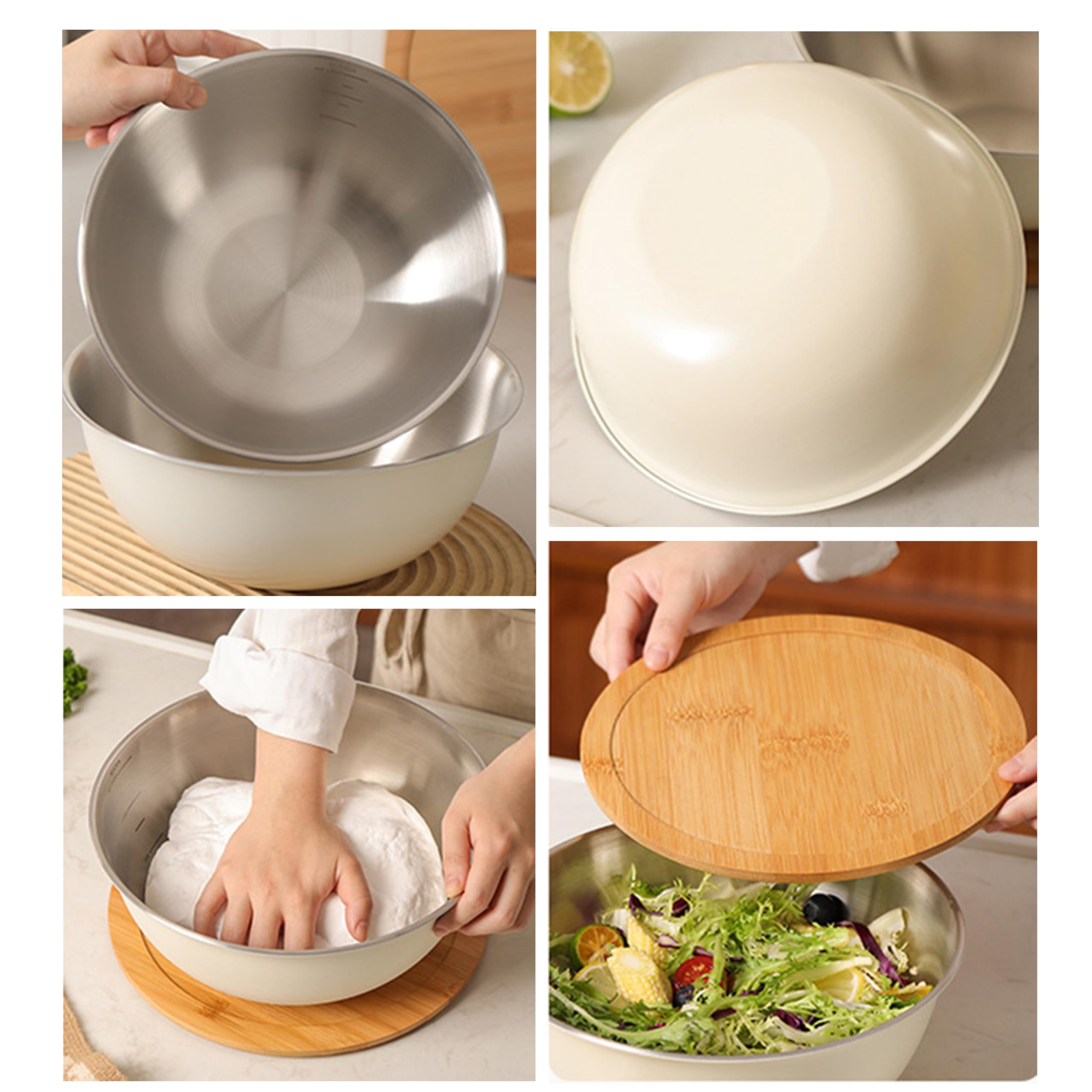 3-teiliges Schüssel-Set, Küchen-Schüssel-Set, Edelstahl-Schalen-Set 22 cm, 24 cm und 26 cm, Küchenschüssel mit Bambus-Deckel