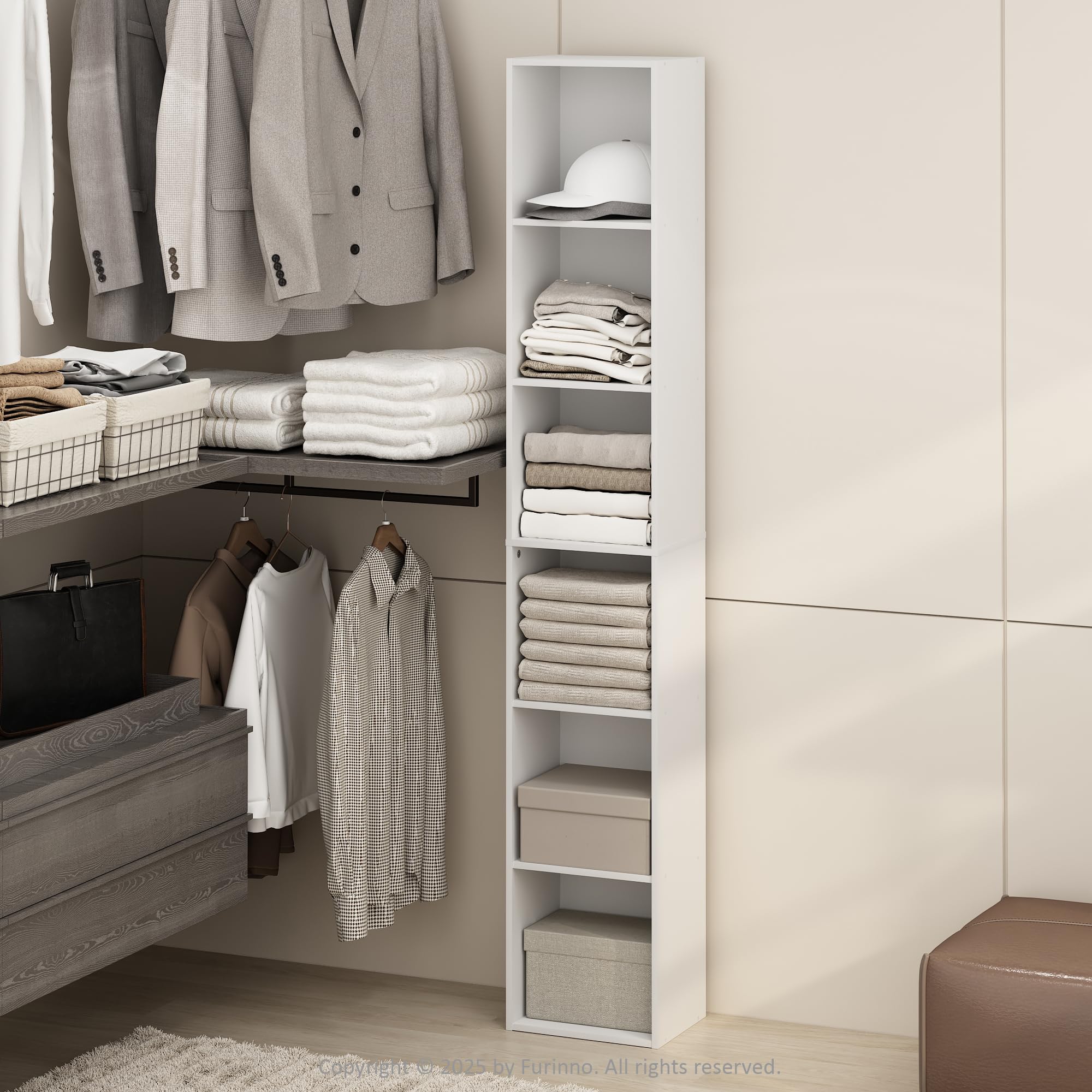 Furinno Cubicle 6-Tier Closet Organizers and Storage, Closet Organizer, Open Shelf Closet Storage, for Wardrobe, Bedroom, Living Room, White