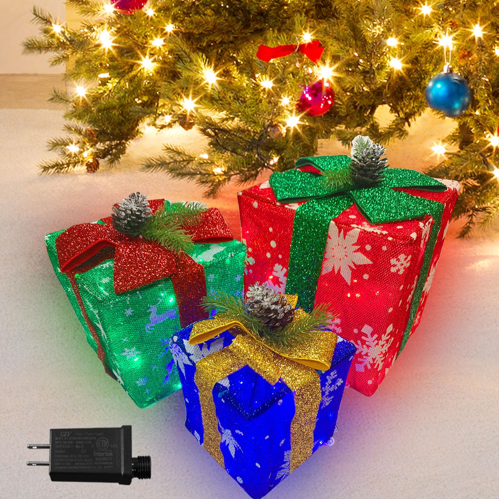 HOYECHI Christmas Lighted Boxes - Set of 3 70 LED Light Up Decor Outdoor, Light Up Christmas Boxes Present Decorations Outdoor Yard