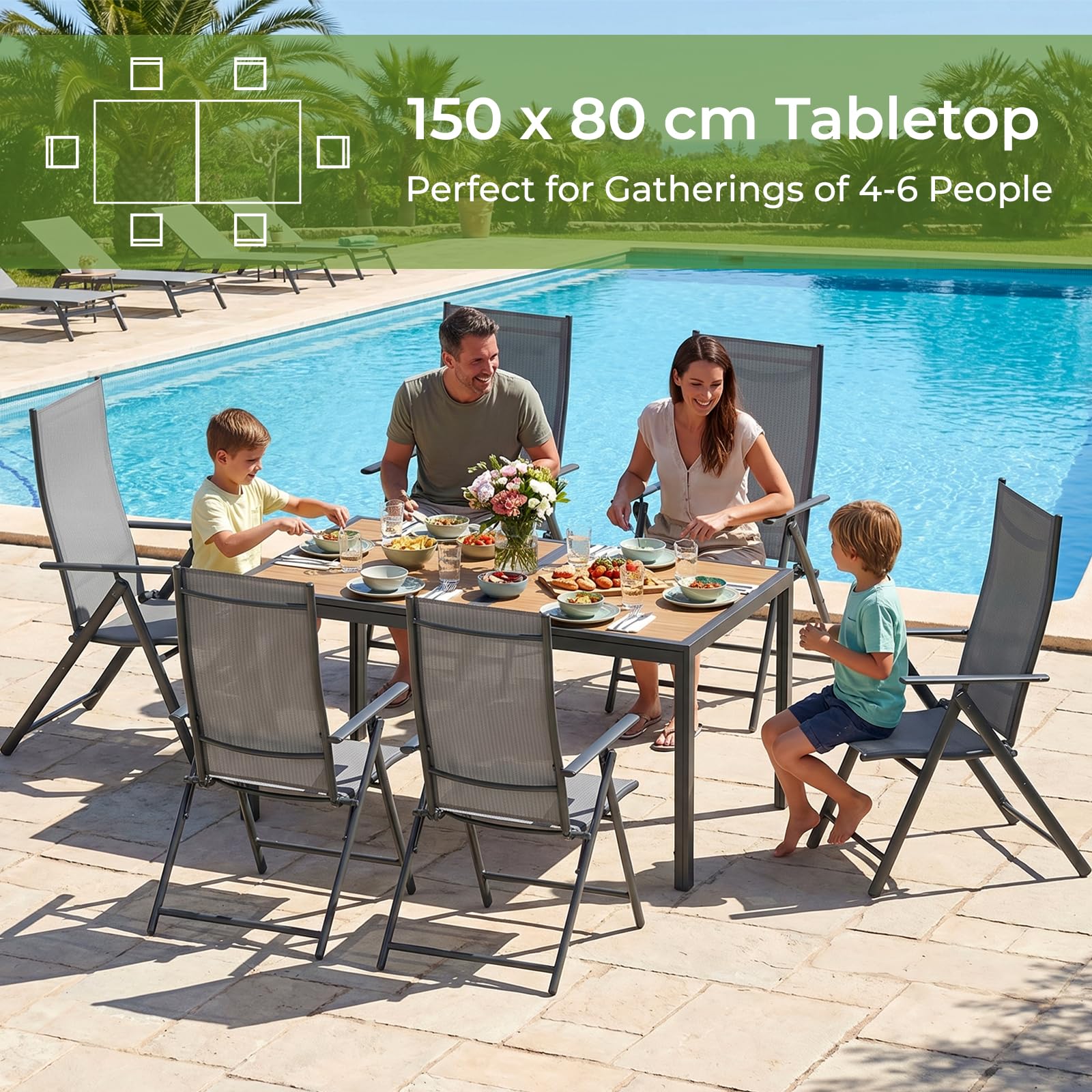 LIFERUN Gartentisch Groß, 150×80×72 cm DPC Balkontisch, Rechteckiger Terrassentisch mit Metallgestell, Rutschfester Esstisch Outdoor für 6 Personen, Anthrazit