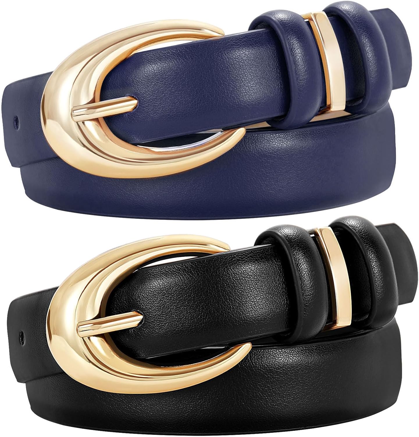 TRIWORKS 2 Pack Women Leather Belt for Jeans Pants Fashion Ladies Skinny Faux Leather Belt with Gold Buckle