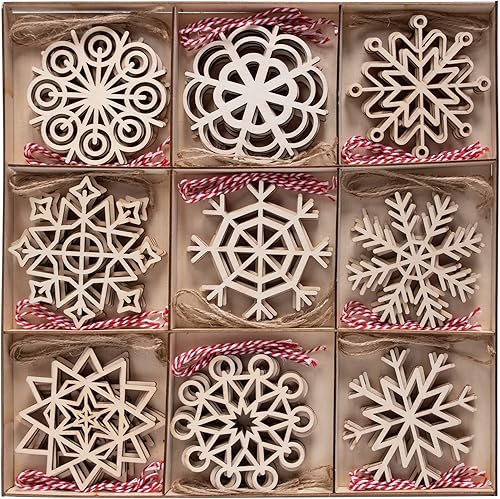 JOIEDOMI 36 adornos de madera de copo de nieve de Navidad, recortes de copos de nieve de madera sin terminar, adornos de bricolaje para