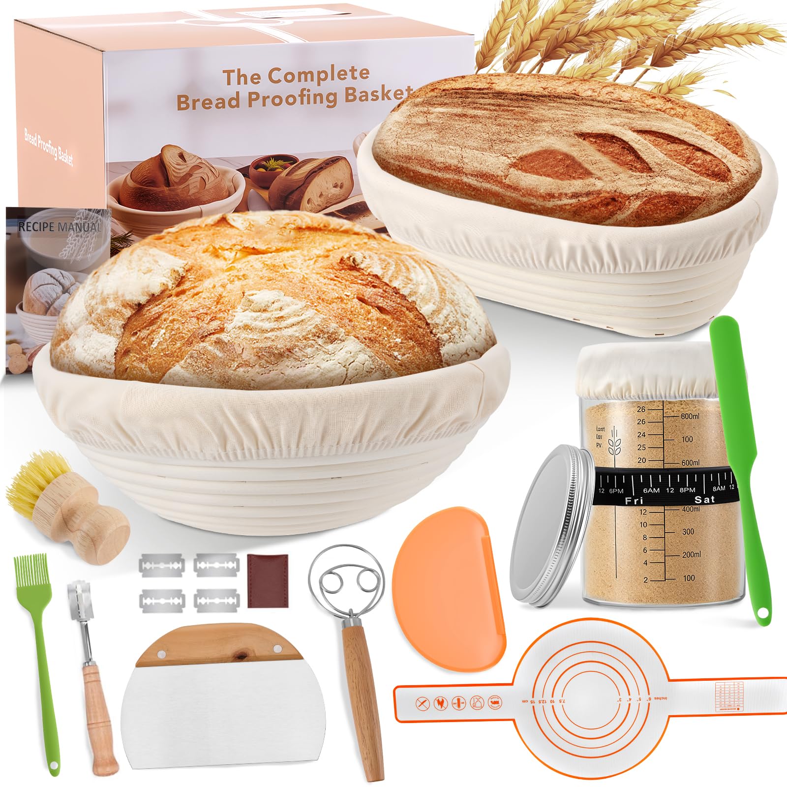 Banneton Pour Pain 21 Pièces - Kit Boulangerie Levain avec 2 Panières Fermentation Rond 23cm et Ovale 25cm, Pot Verre 900ml, Lame à Pain, Tapis Cuisson - Accessoires Cuisine pour Débutants
