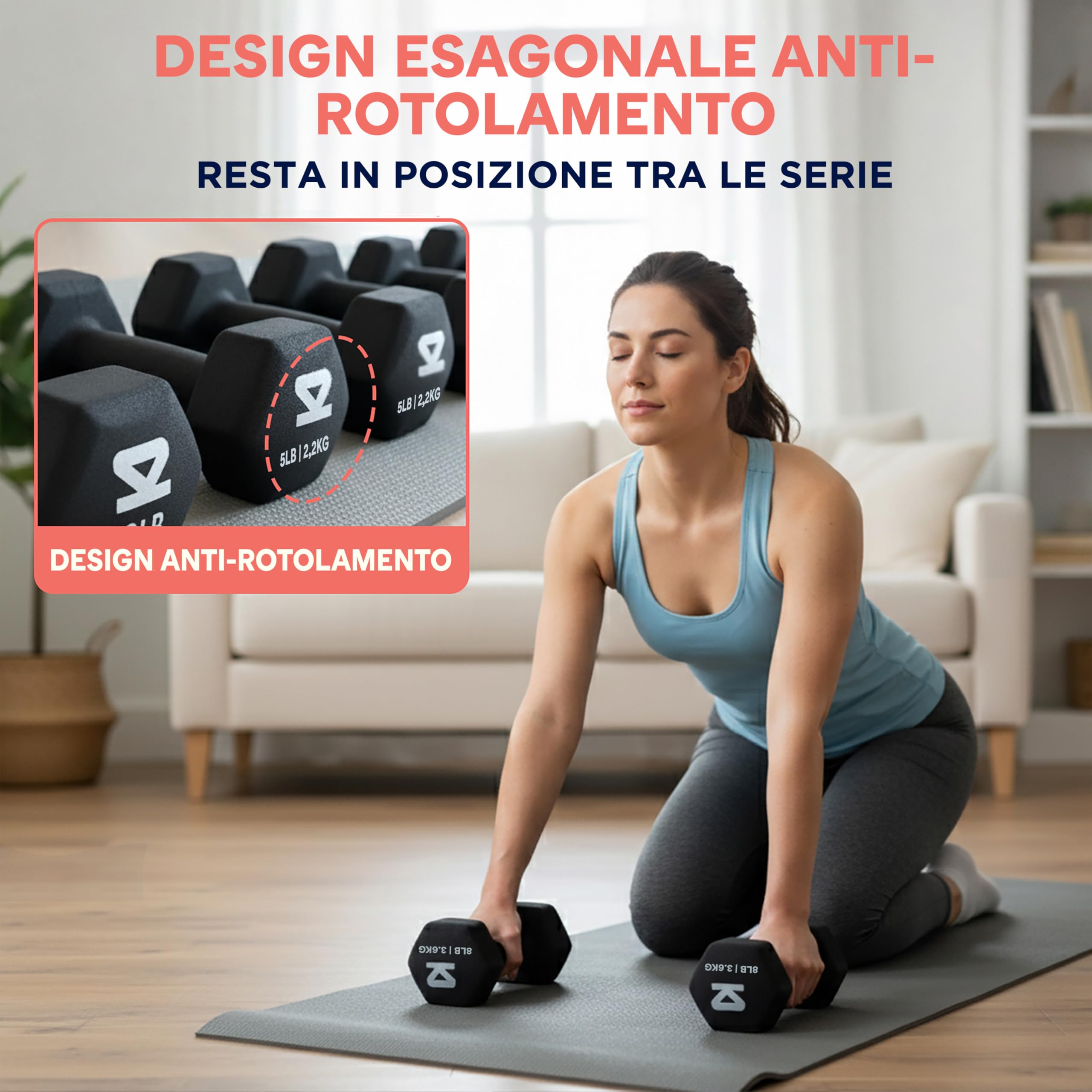 Squatz Set Manubri Palestra 3 Paia 1,36 kg – 2,27 kg – 3,63 kg con Rivestimento Neoprene Antiscivolo, Manici Sagomati e Supporto Compatto, Ideale per Pesi Palestra e Allenamento Casa