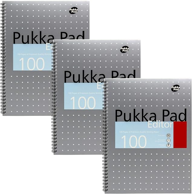 Pukka Pad, A4+ Metallic Editor Pad 3 Pack - Wirebound Notebook with 8mm Lines and 80GSM Paper - 100 Pages