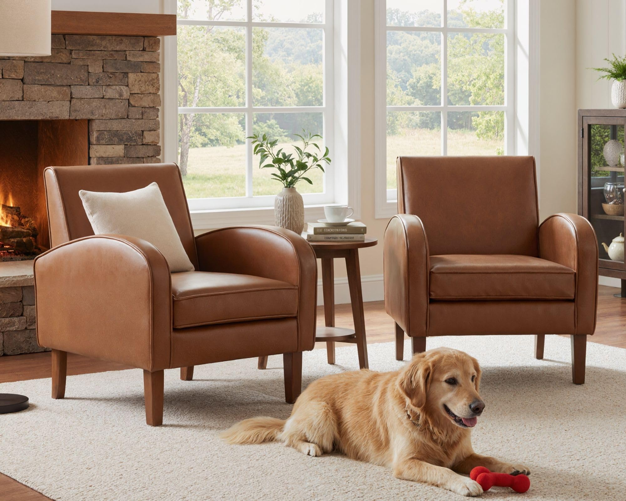 LIVINOVA Brown Faux Leather Accent Chairs Set of 2, Mid Century Modern Upholstered Arm Chairs with Wooden Legs, Comfy Reception Office Club Reading