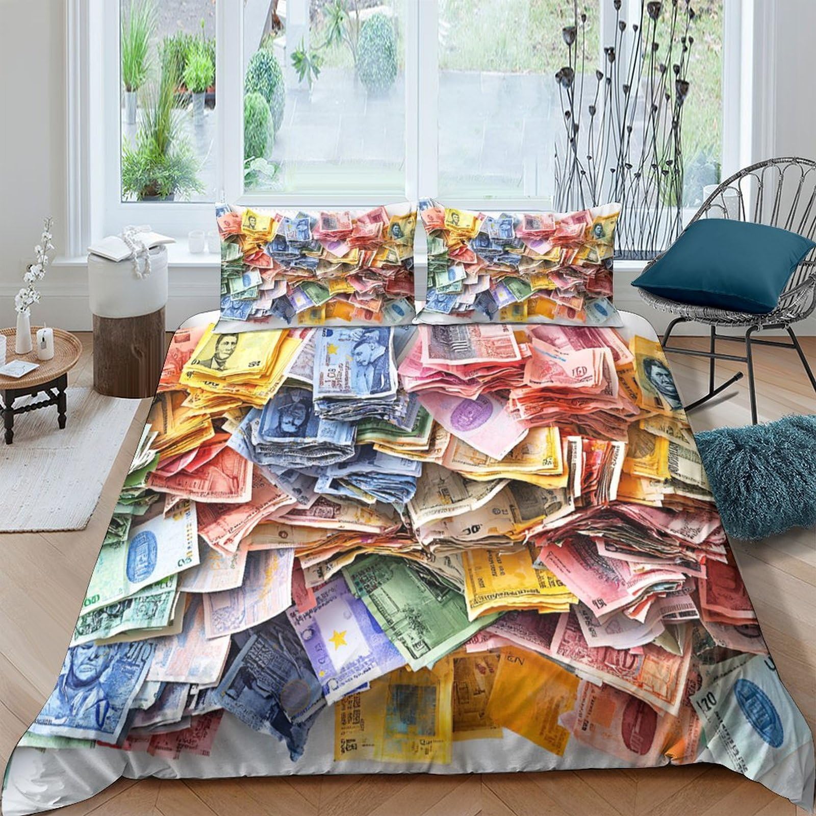 Ctjqhvkz Style-10 3D Printed Colourful Banknotes Fitted Sheet Microfiber Anti-Slip Artistic Money Bed Sheet Bedroom Dorm Decor Protector Single（135X200cm）