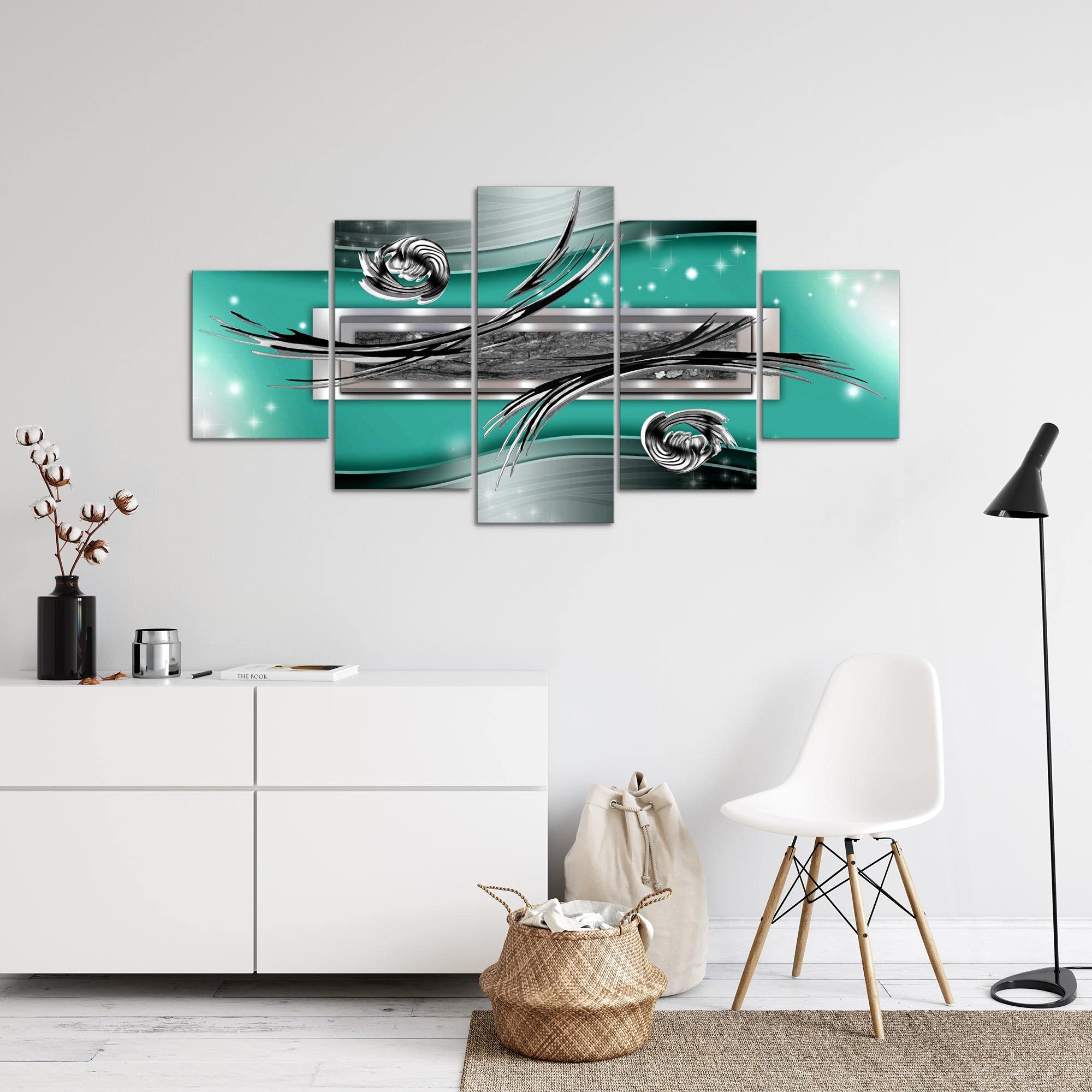 Runa Art - Tableau Abstrait 200 X 100 Cm 5 Parties XXL Decoration Murale Dessin Gris Argent Vert 108451c