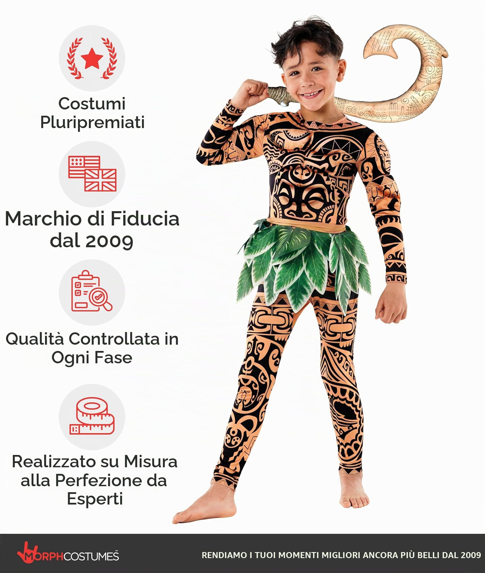 Morph Costume Guerriero Polinesiano Bambino, Costume Halloween | Tuta Muscolare & Cintura di Foglie, Busto 3D Imbottito, Perfetto per Halloween, Ideale per il Gioco di Ruolo