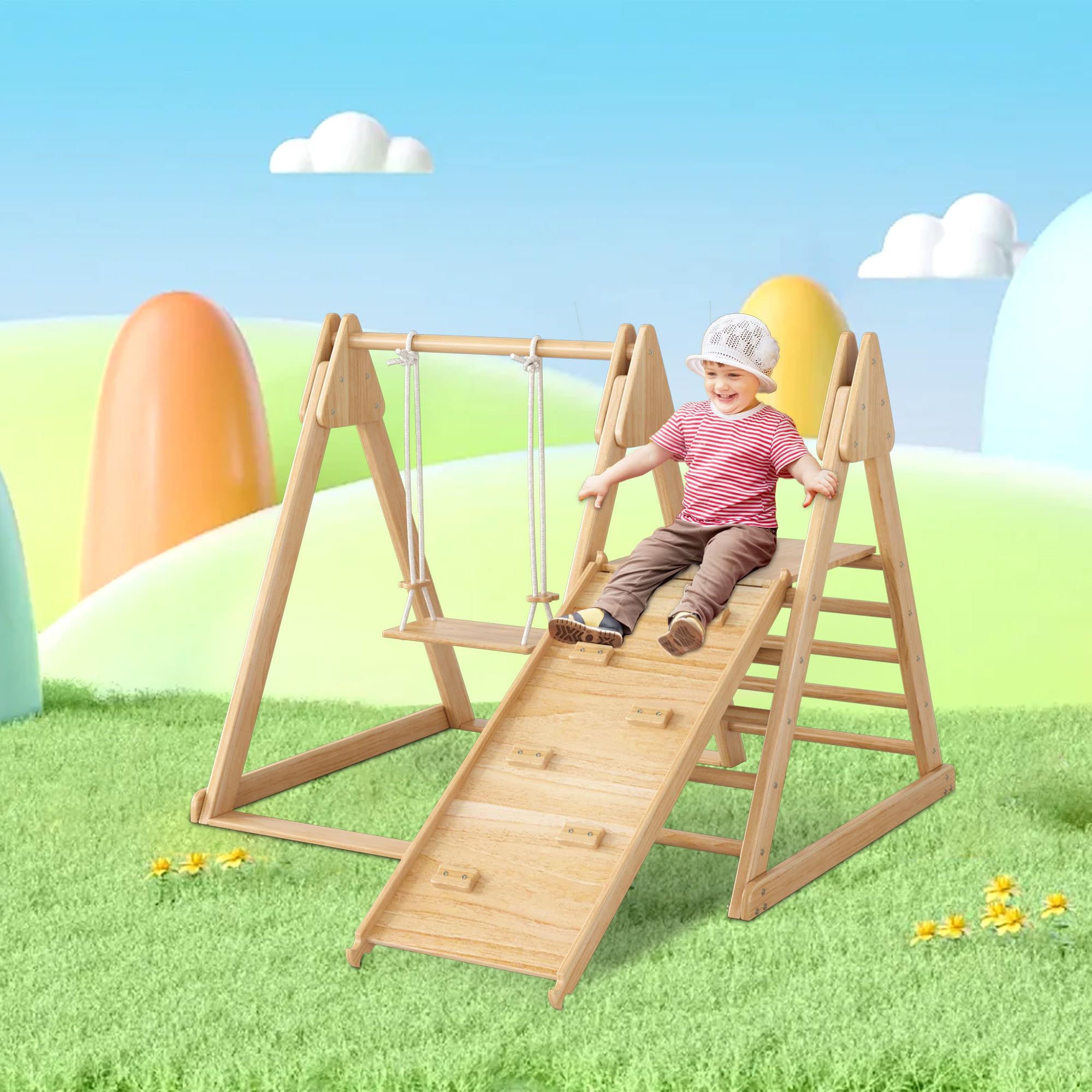 Rutsche und Schaukel für Kinder, Holzspielzeug für Kinder. Aus massiver Kiefer, Sperrholz 3 in 1 Kinderspielzeug mit Klettergerüst, Schaukel, Rutsche, Kombispielzeug für drinnen