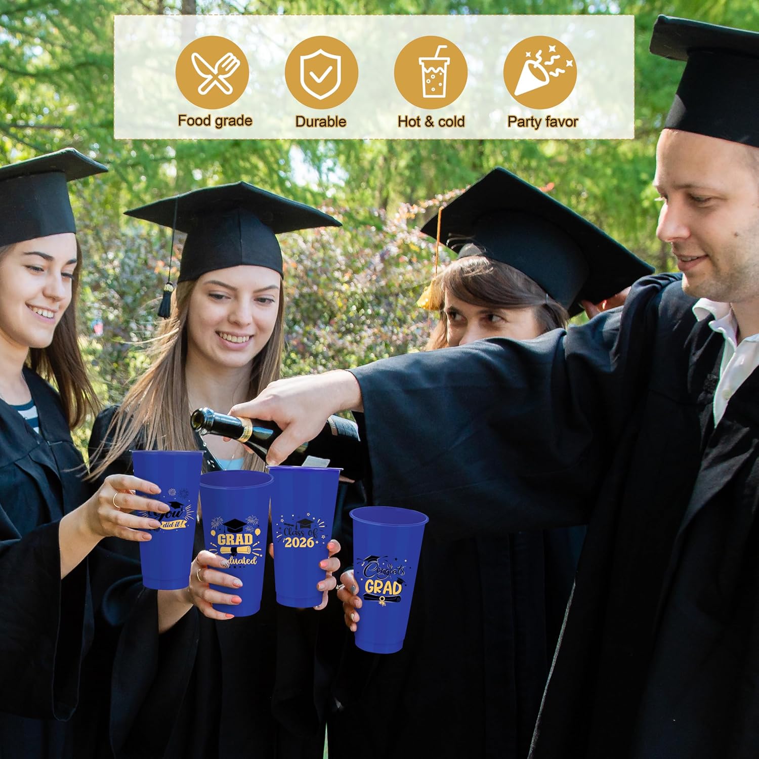 Kochorie 24 Pack 24 OZ Graduation Plastic Cups with Lids and Straws Reusable Party Cups Thick Plastic Congrats Grad Tumbler Bulk for Class of 2026 Graduation Party Supplies, Blue