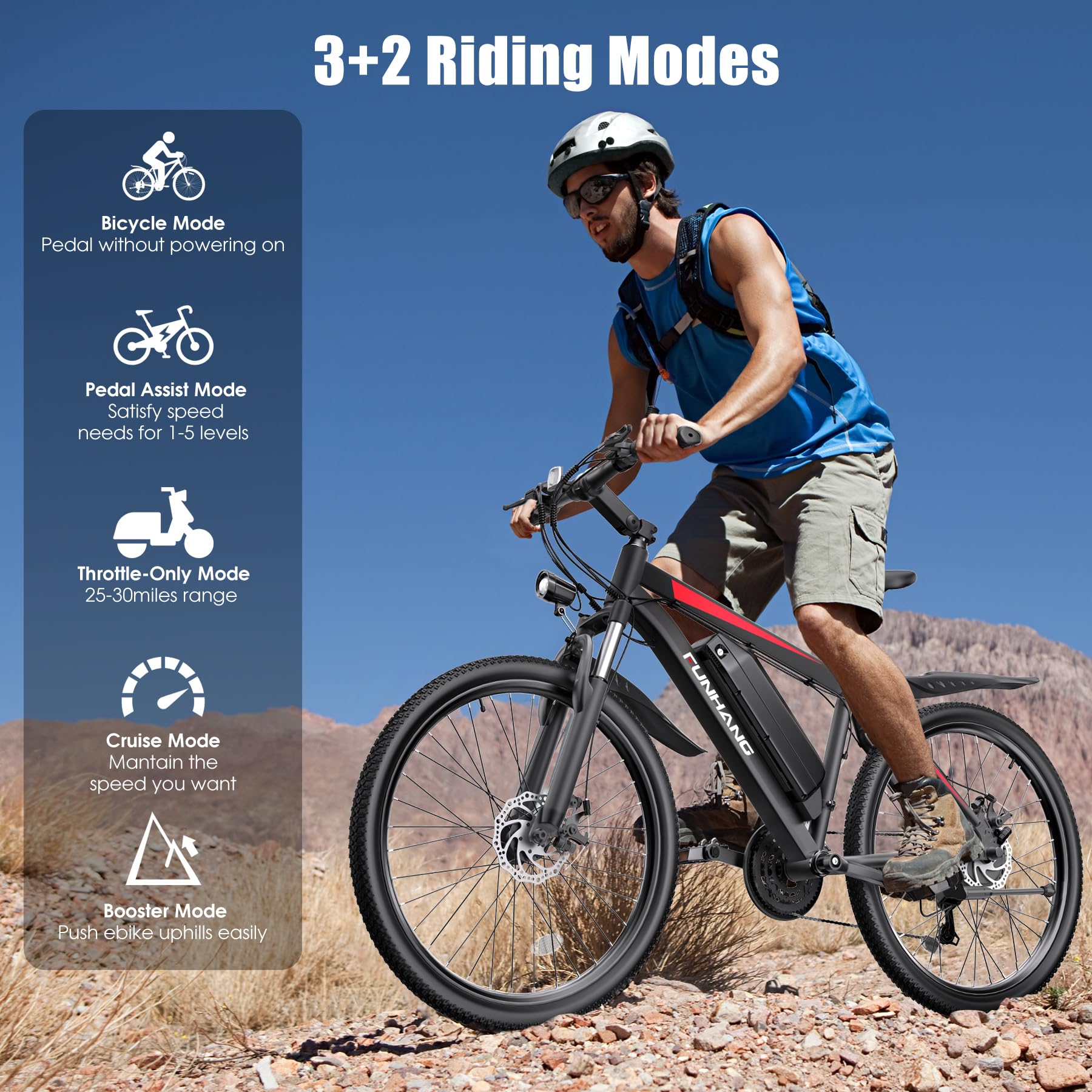 Funhang Electric Bike for Adults, 1000W Peak Ebike, 50Miles 21.7MPH Electric Mountain Bike, 26" Adult Electric Bicycle with 48V Removable Battery, Fenders,7 Speed, Front Suspension, UL 2849 Certified — view 4