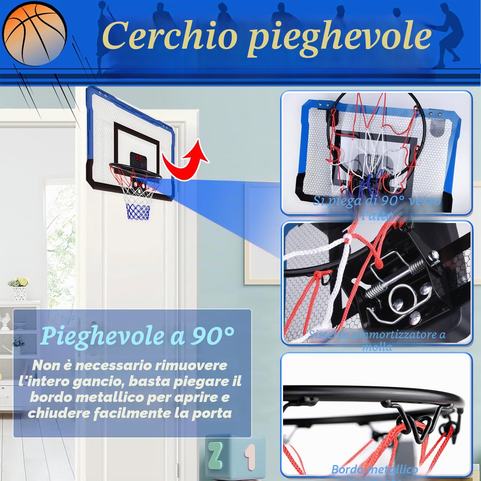 TEUVO Mini Canestro Basket da Camera con Punteggio Automatico Interno Esterno Canestro Basket Bambini 5 6 7 8 9 10 Anni per Casa Porta 4 Pallone Basket Giocattoli Mini Hoop Regalo per Ragazzi Ragazzee