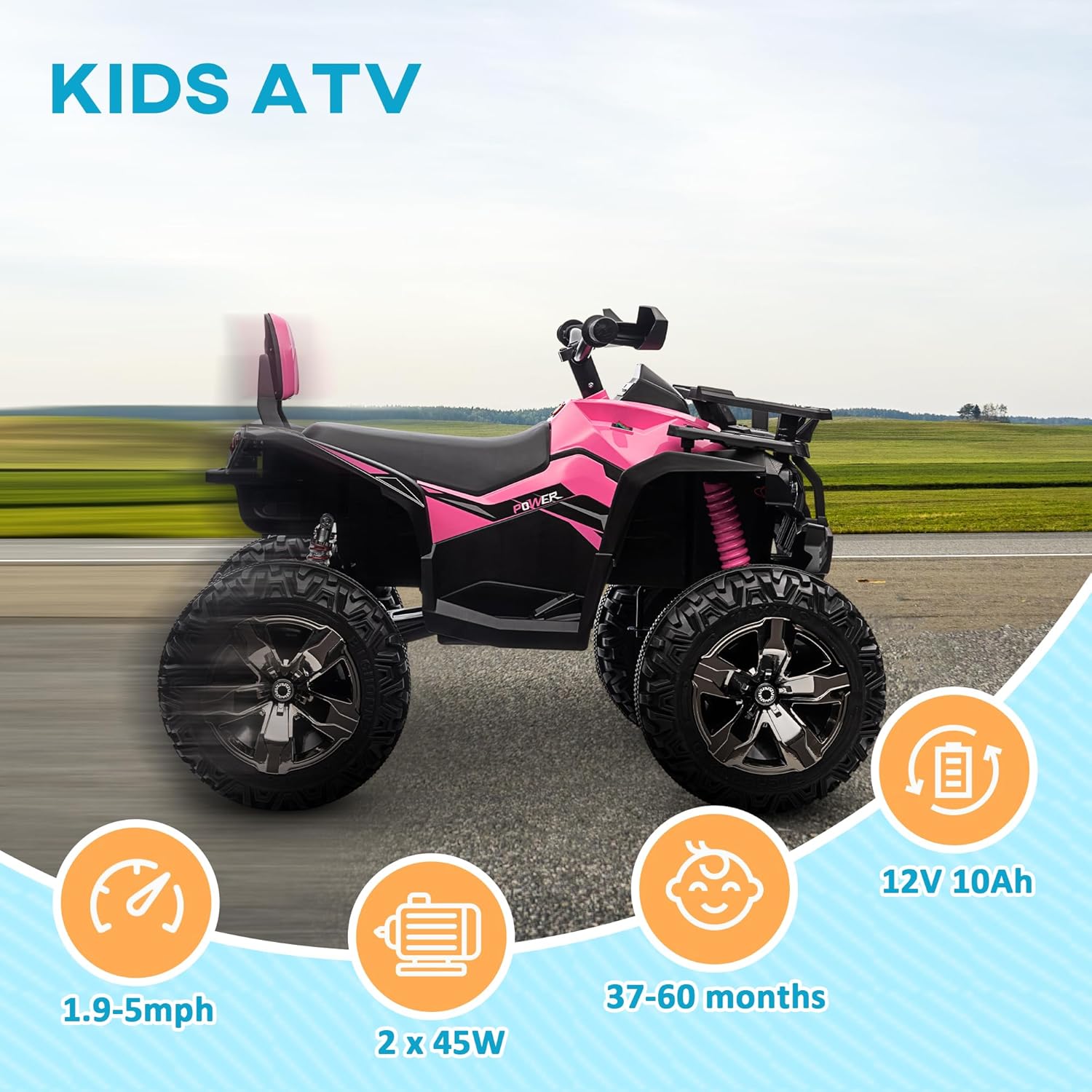 Aosom 12V Kids Ride on ATV, 4 Wheeler for Kids with Treaded Tires, Electric Quad Car with Music, USB, MP3 and Headlights for Boys and Girls, Pink