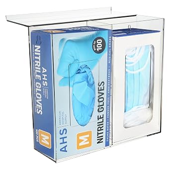 Double Glove Dispenser with Lid [Pack of 1] Clear Acrylic Wall Mount Holder with Screws for Gloves, Face Masks, Hairnets | Industrial & Scientific | 11.6 x 11.1 x 4.3 in