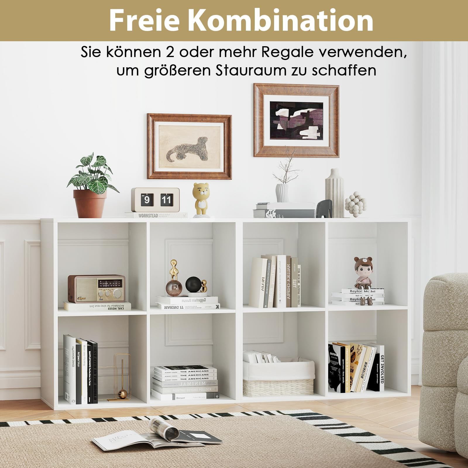 COSTWAY Bücherregal mit 4 Fächern, Würfelregal, Standregal, offenes Regal, Aufbewahrungsregal für Wohnzimmer, Arbeitszimmer, Büro, modern, Weiß