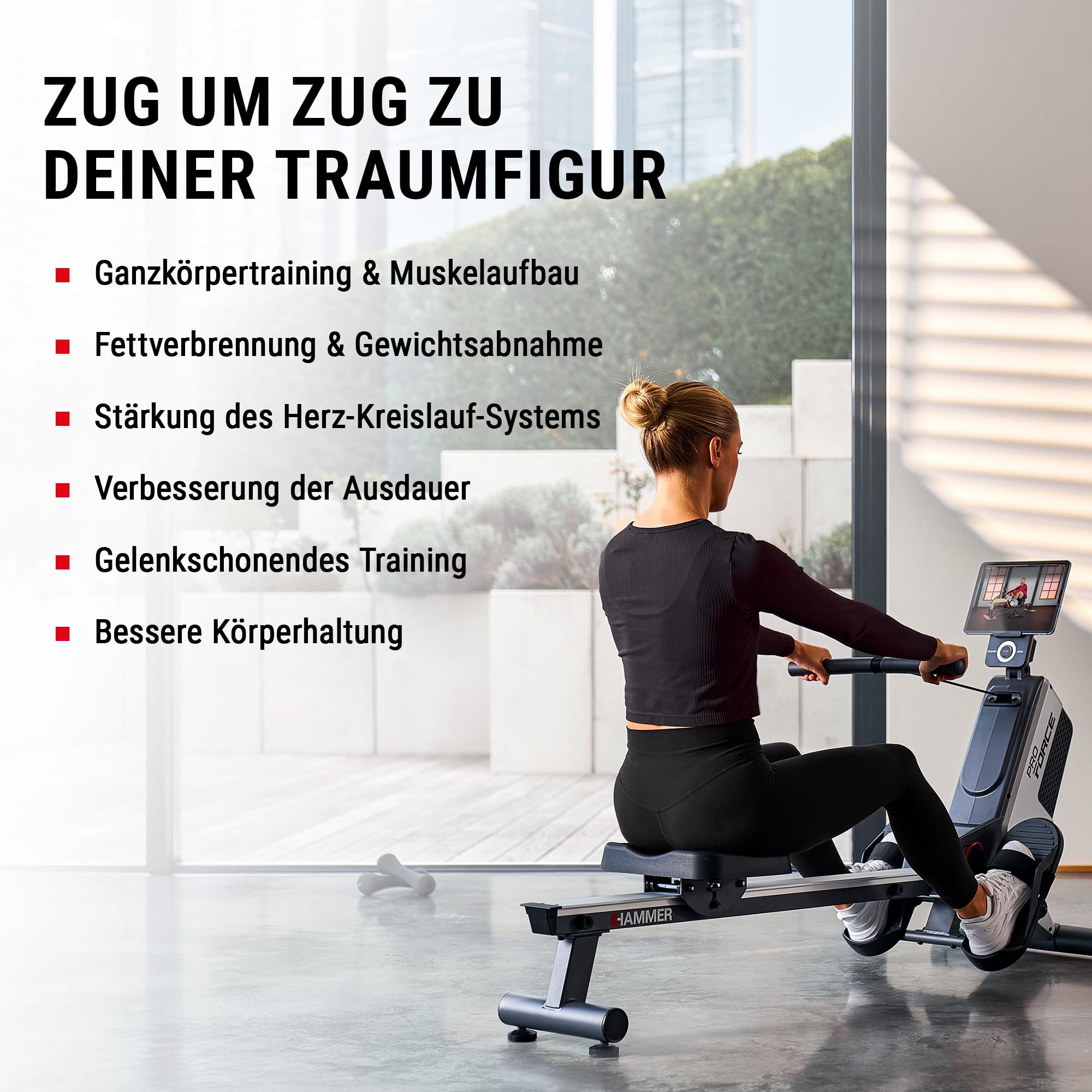HAMMER Rudergerät Pro Force - platzsparendes, leichtes & hocheffektives Ausdauergerät mit 20 Trainingsprogrammen und Tablet-Halterung, bis 120 kg Nutzergewicht