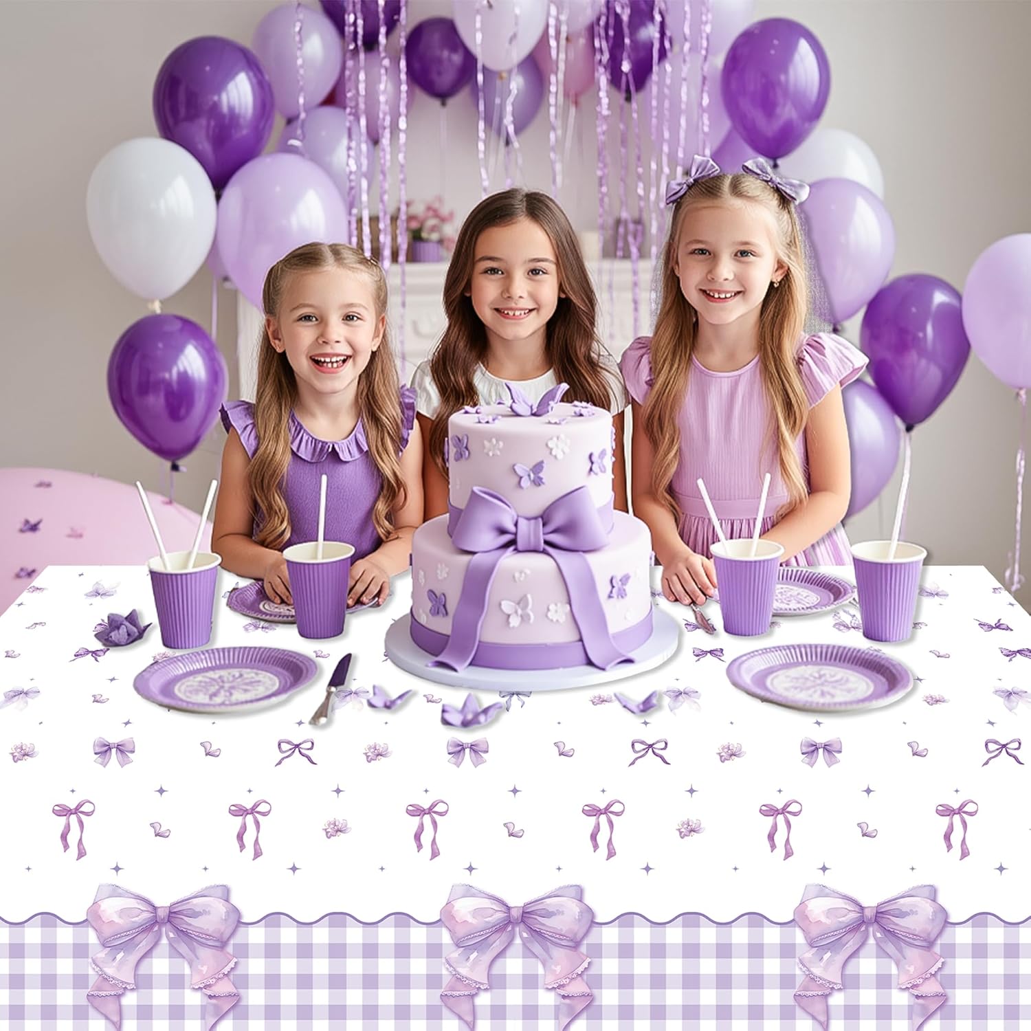 3Pcs Purple Bow Party Tablecloths - Coquette Purple Party Rectangular Table Covers Decorations Coquette Bow Knot Plastic Disposable Table Cloth Decor for Girls Women Kids Birthday Wedding Supplies