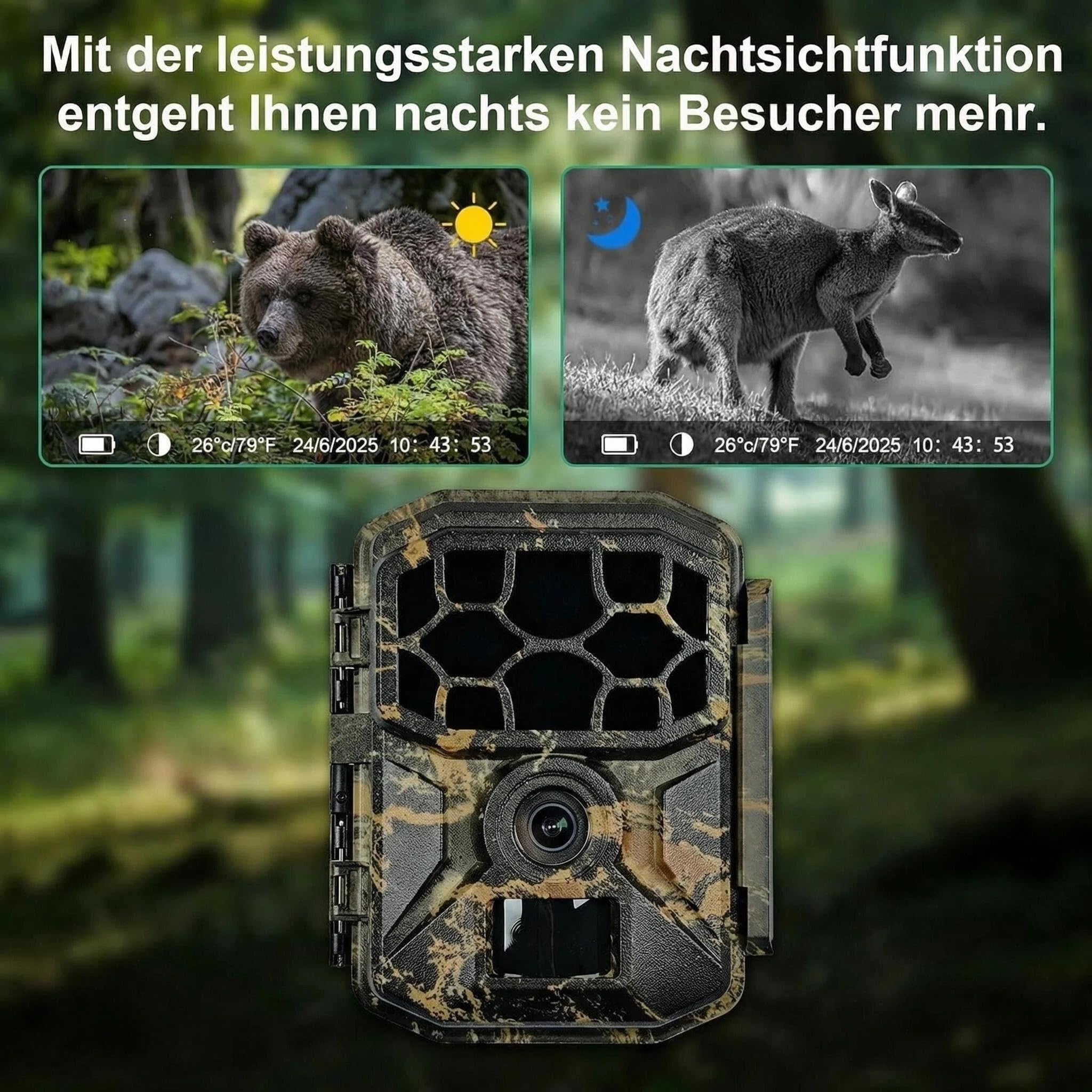 5K 64MP WLAN Solar Wildkamera mit Handy App, 64GB SD Karte | Bewegungsmelder Nachtsicht, 0,1s Schnellauslösezeit, 7800mAh Akku, IP66 Wasserdicht, Outdoor