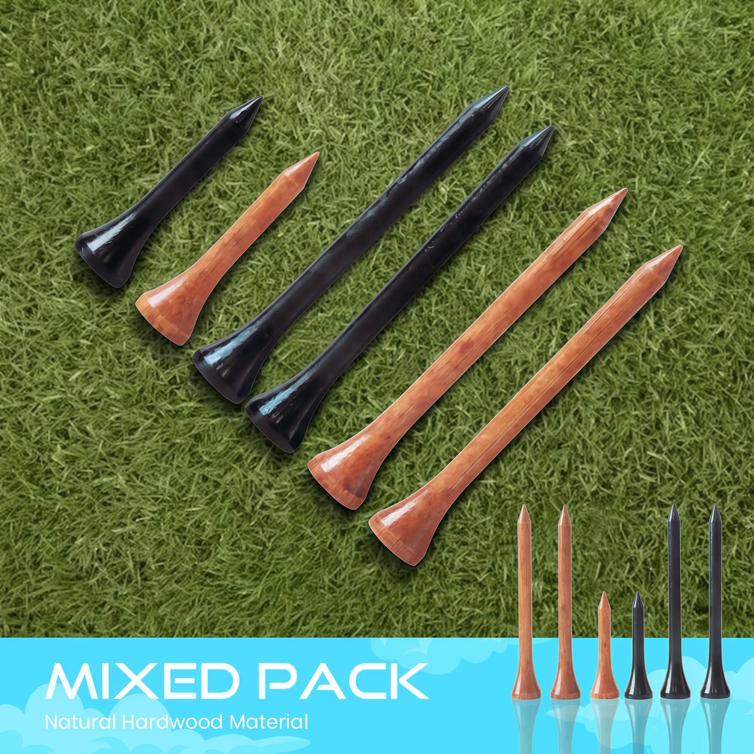 Golf-Tees, mehrere Farben, gemischte Größen, 100 Stück, professionelle Golf-Tees aus Bambus/Holz, Größe 8,9 cm, 6,4 cm und 3,8 cm, reduzieren Reibung und Widerstand