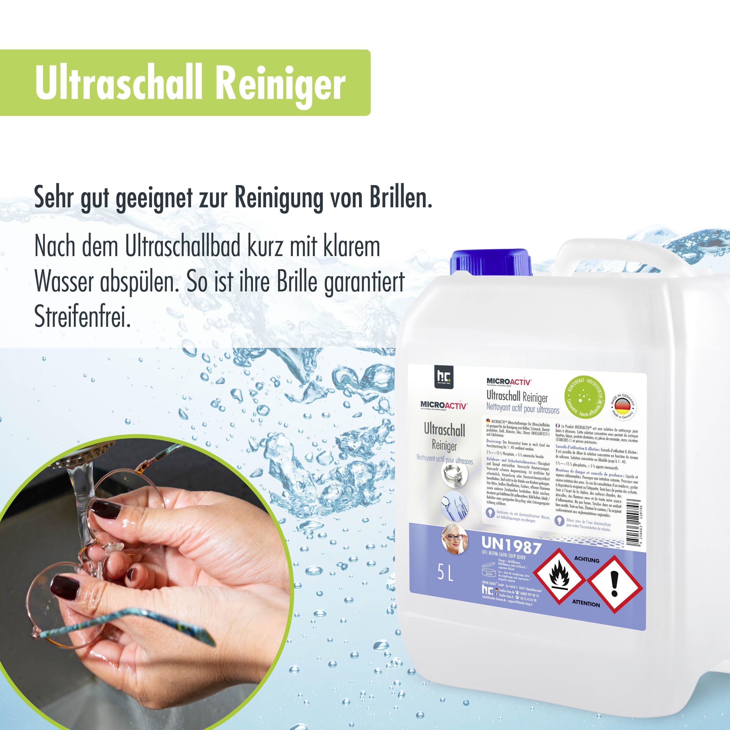 Microactiv Ultraschallreiniger 5 L | Hochwirksames Reinigungsmittel, Für Schmuck, Brillen, Dental- & Metallteile, Konzentrat bis 1:40 verdünnbar